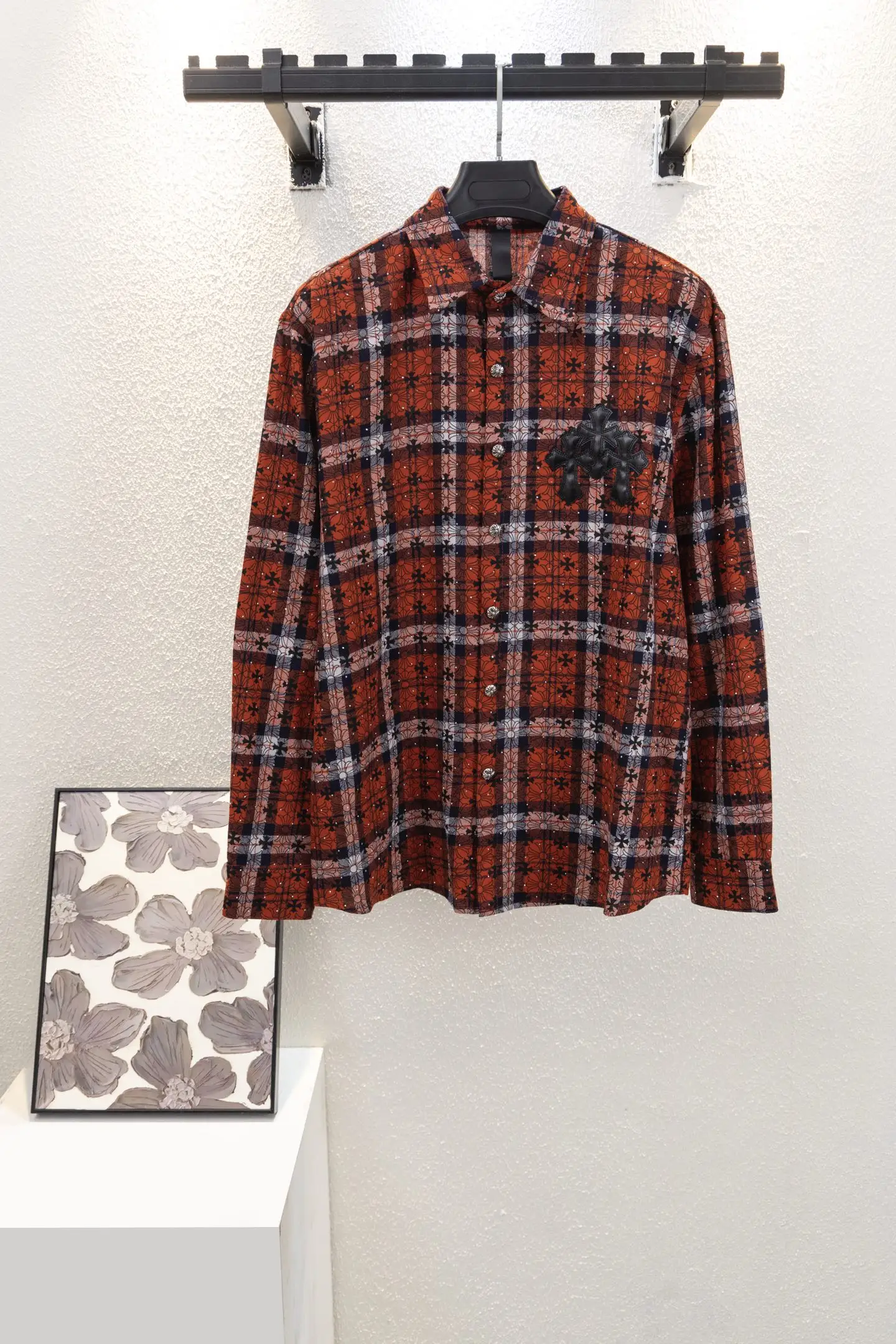 Leather Cross Patch Plaid Flannel Shirt D17012650