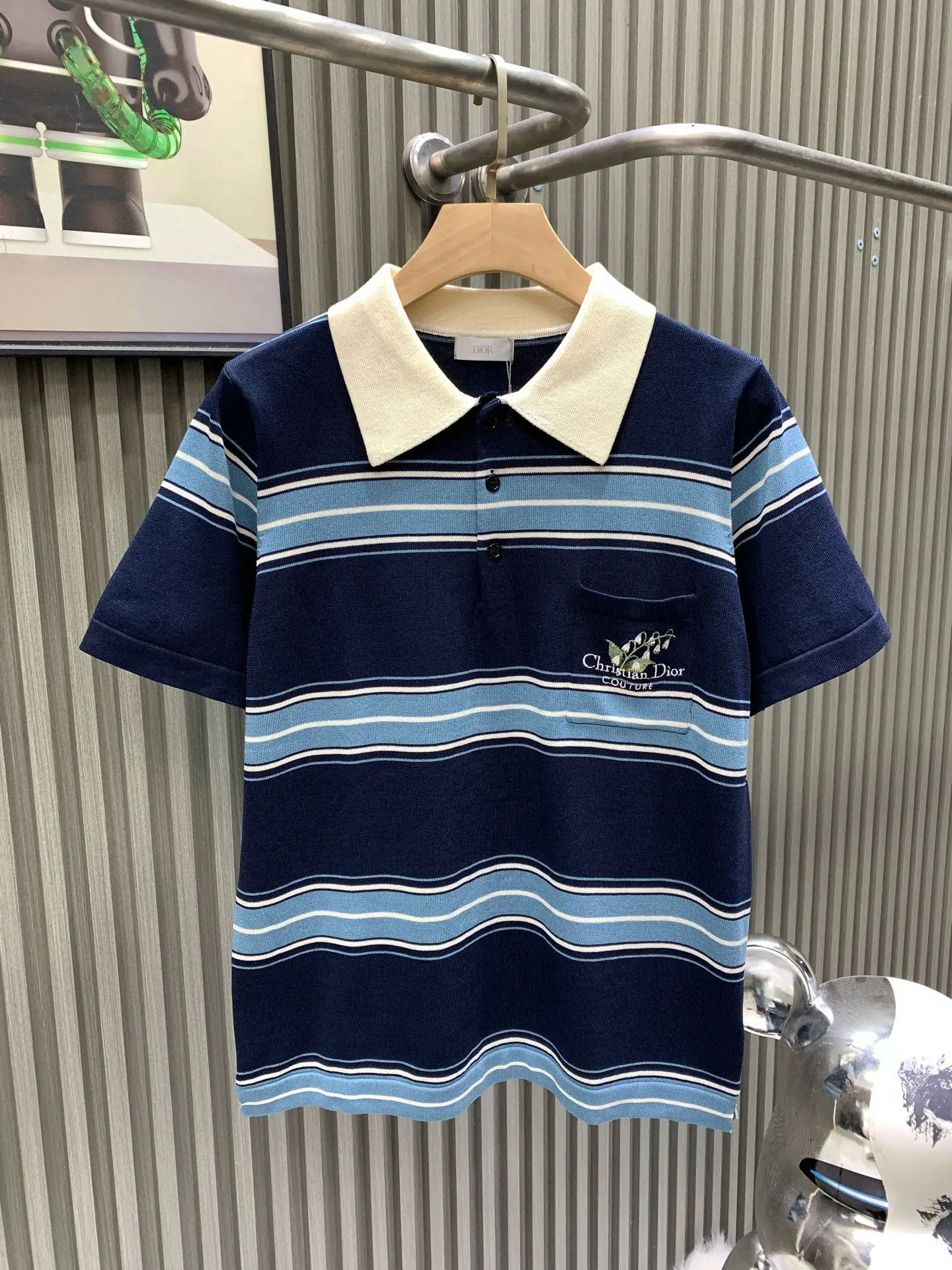 Lily of the Valley Embroidered Striped Wool Polo Shirt D21514531