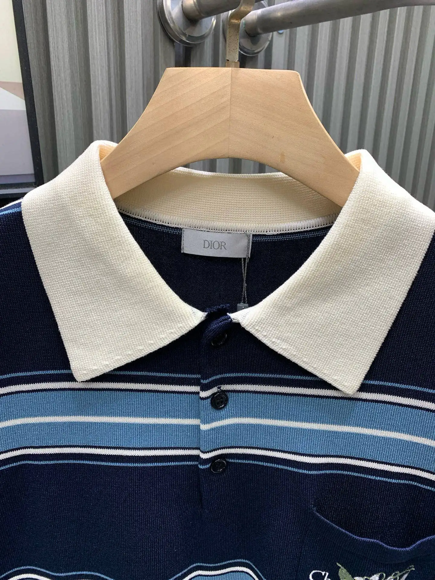 Lily of the Valley Embroidered Striped Wool Polo Shirt D21514531 — view 3