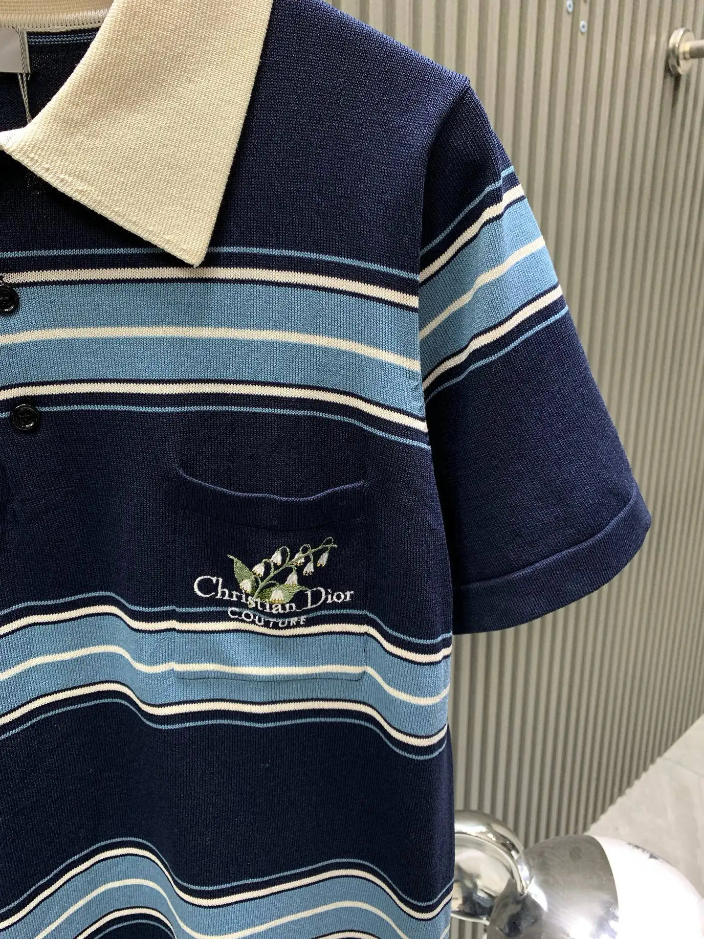 Lily of the Valley Embroidered Striped Wool Polo Shirt D21514531 — view 7