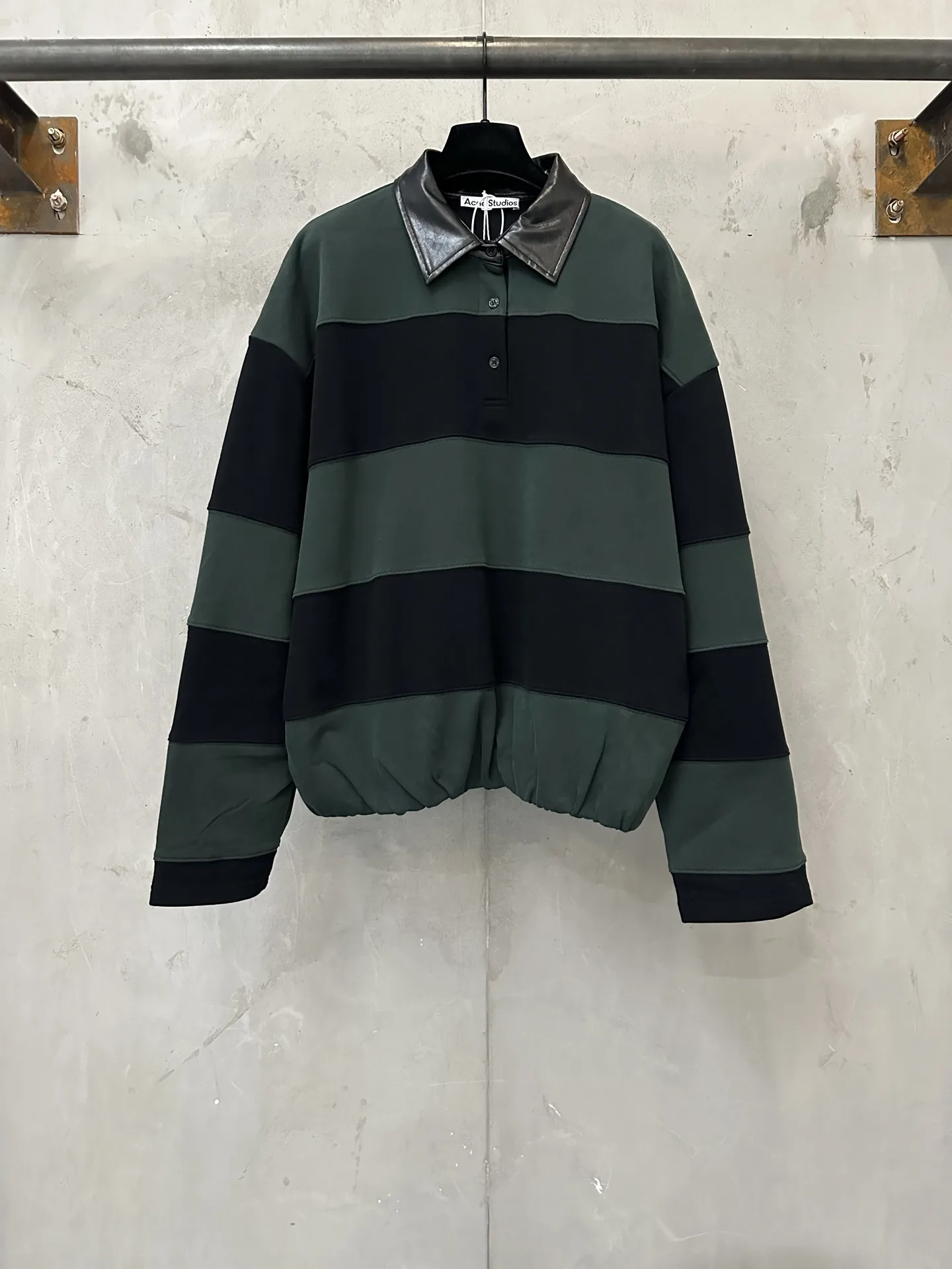 Striped Polo-Collar Sweatshirt with Leather Trim D35021802