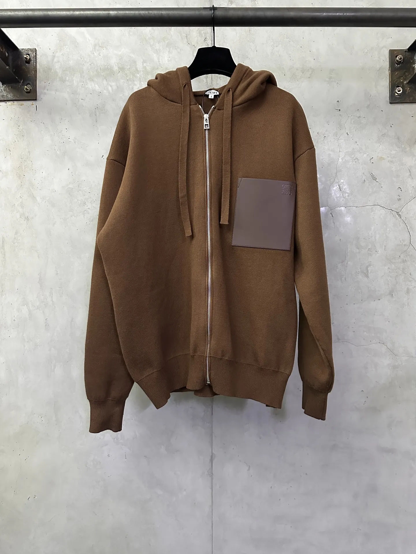 Leather-Patch Merino Wool Zip-Up Hoodie D35024436