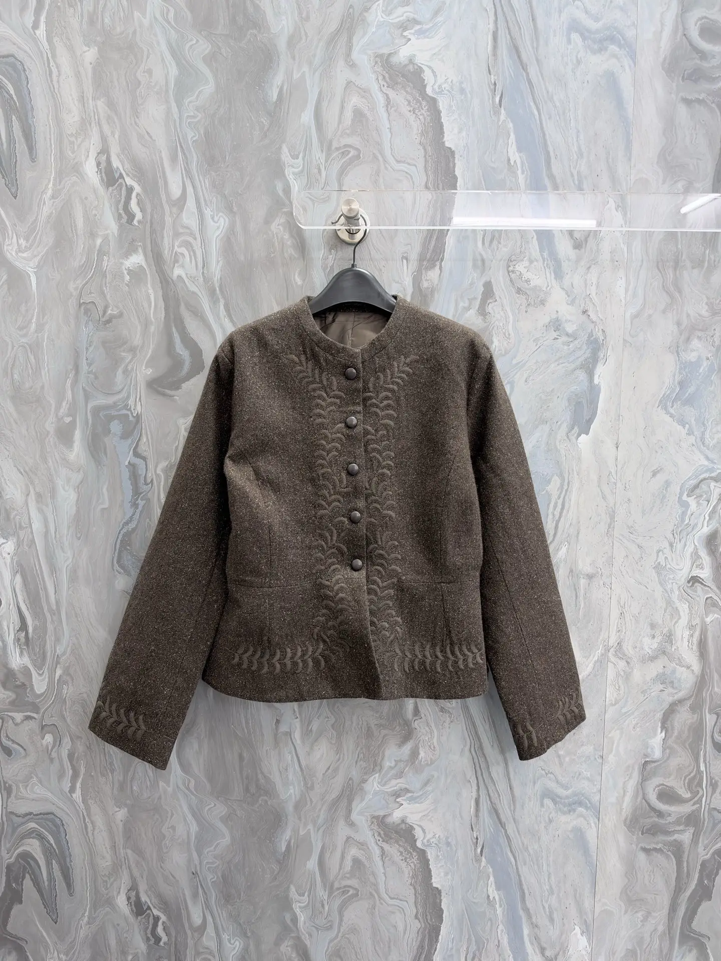 Embroidered Wool-Tweed Collarless Jacket D51020506