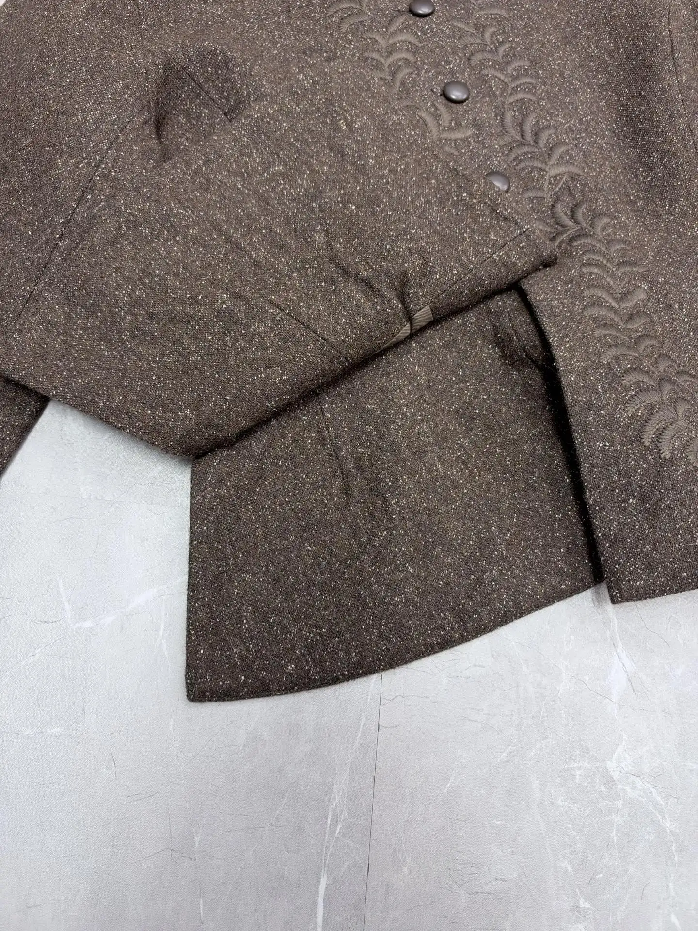 Embroidered Wool-Tweed Collarless Jacket D51020506 — view 7