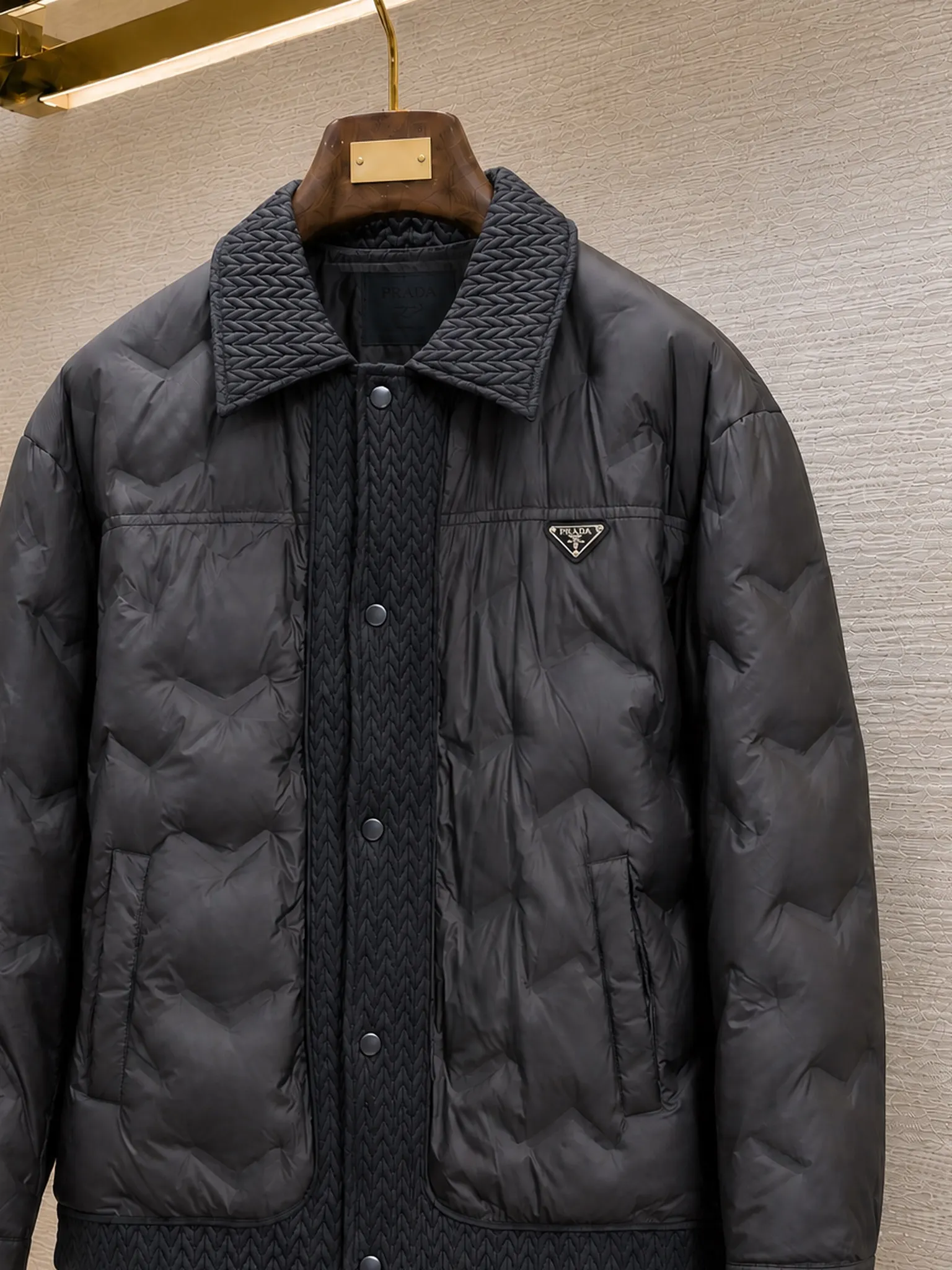 Quilted Down-Filled Shirt Jacket with Enamel Triangle Logo D52020379 — view 3