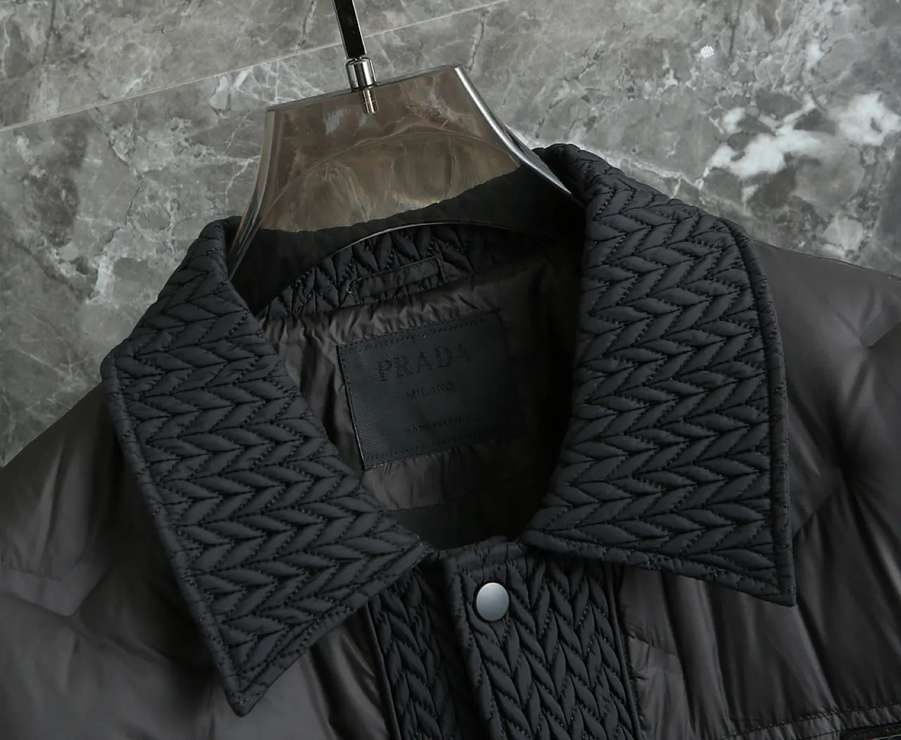 Quilted Down-Filled Shirt Jacket with Enamel Triangle Logo D52020379 — view 8