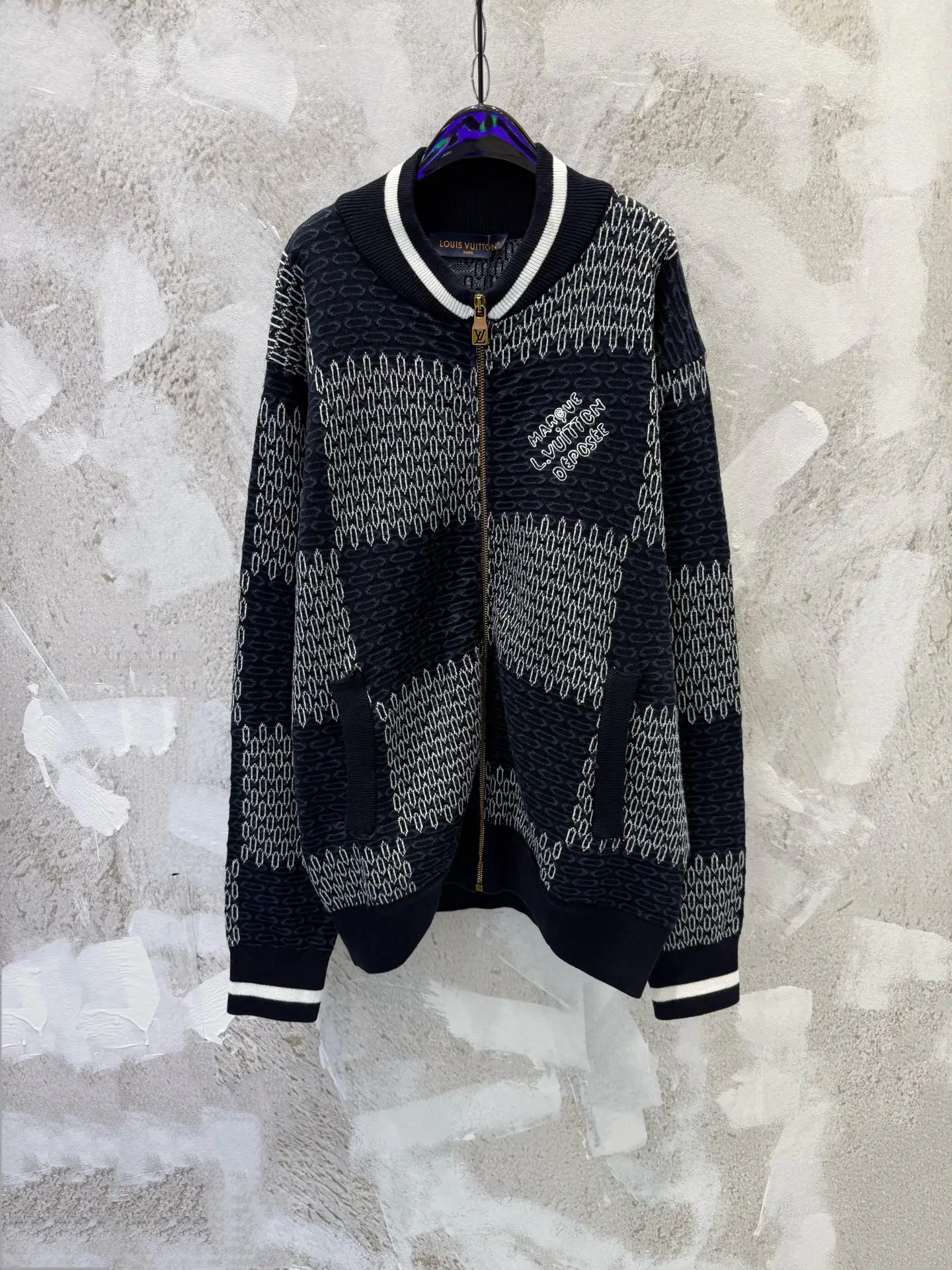Damier Pattern Knit Bomber Cardigan D26013352