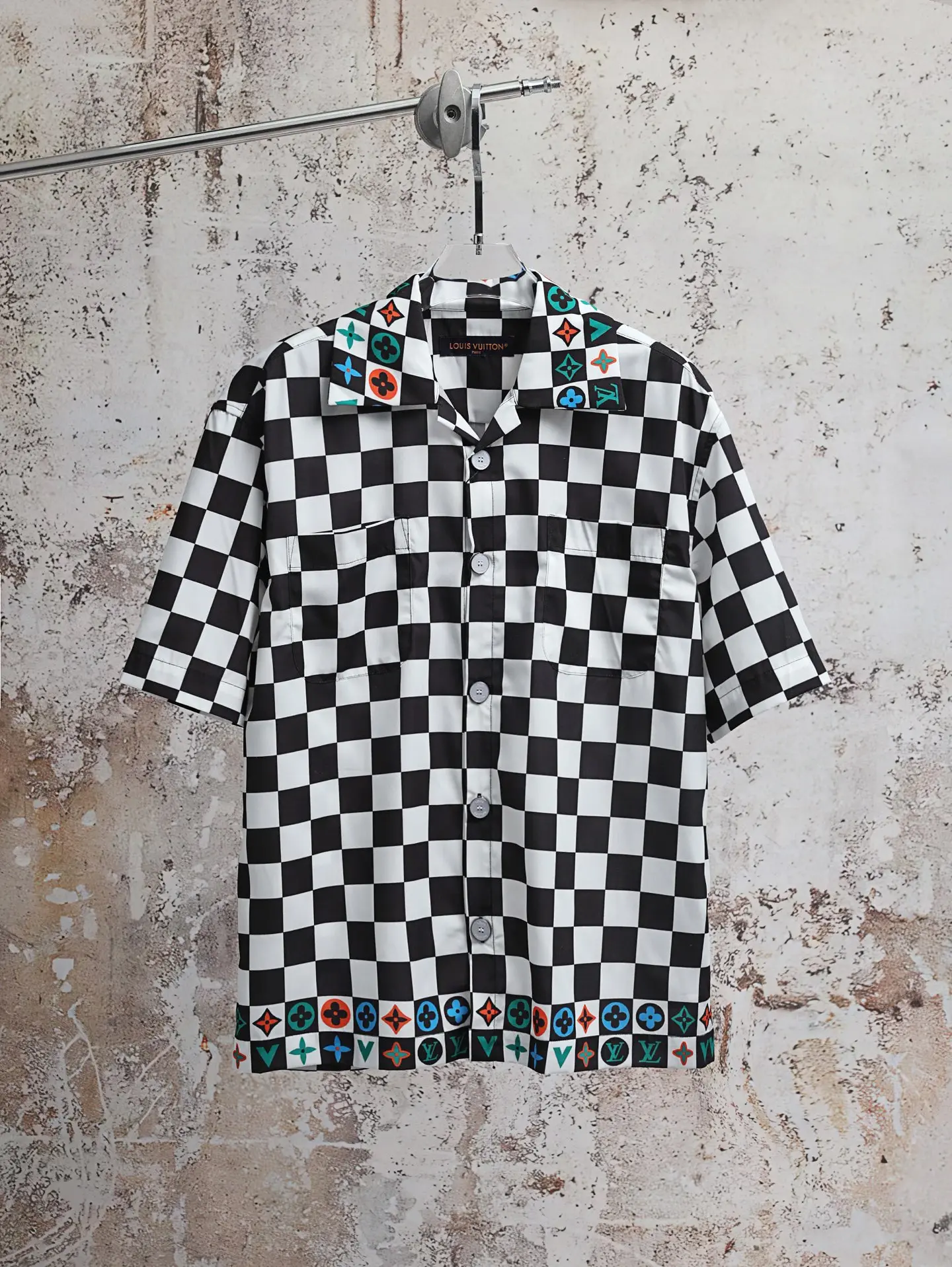 Damier Print Silk-Cotton Short-Sleeve Shirt D21521884