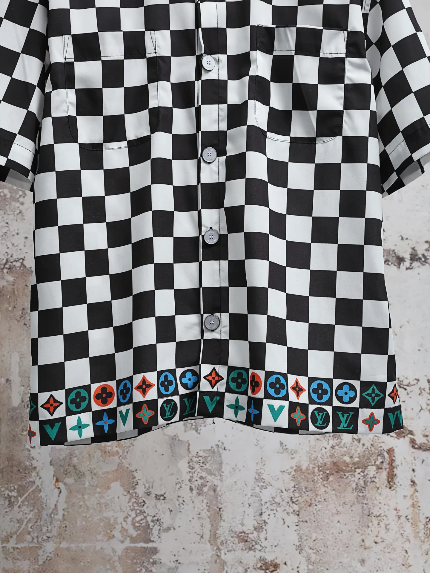 Damier Print Silk-Cotton Short-Sleeve Shirt D21521884 — view 6