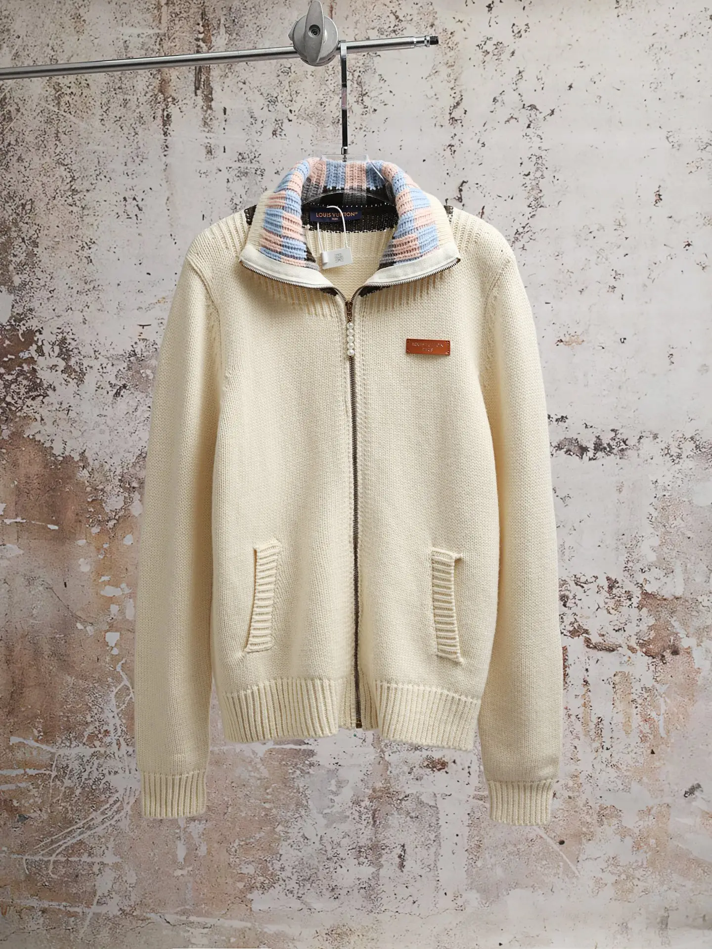 Damier Collar Zip-Up Wool Cardigan D34021886