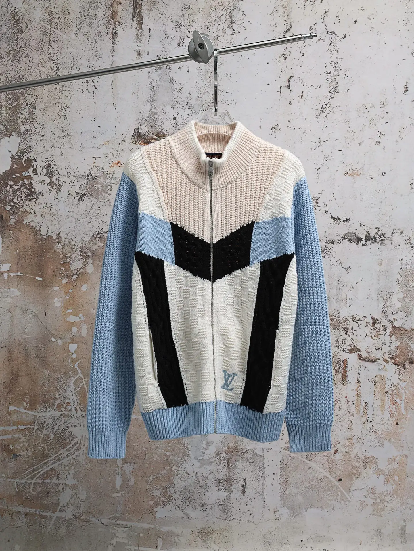 Damier Intarsia Zip-Up Wool Cardigan D41021933