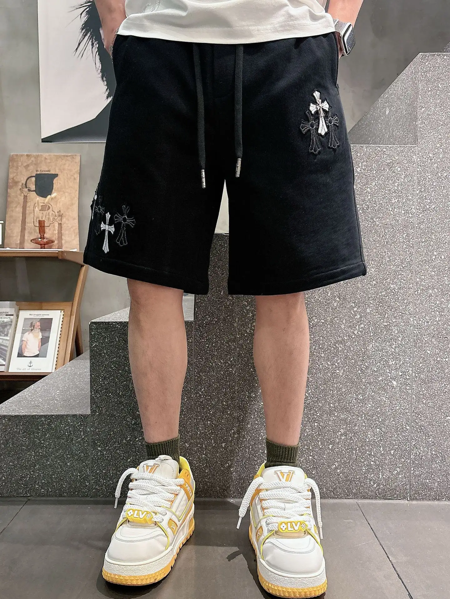 Cross Patch Embroidered Cotton Shorts D21012445