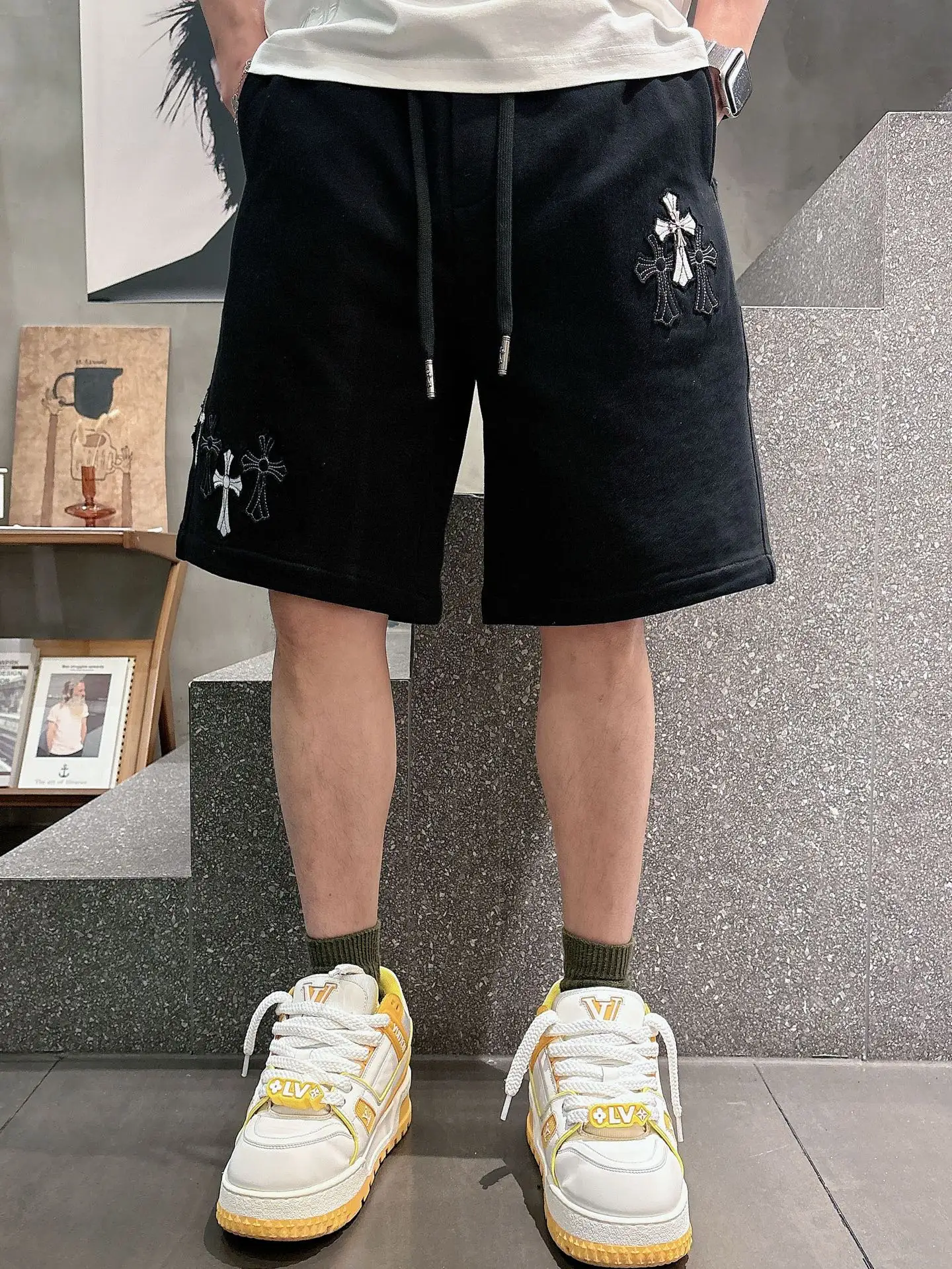 Cross Patch Embroidered Cotton Shorts D21012445