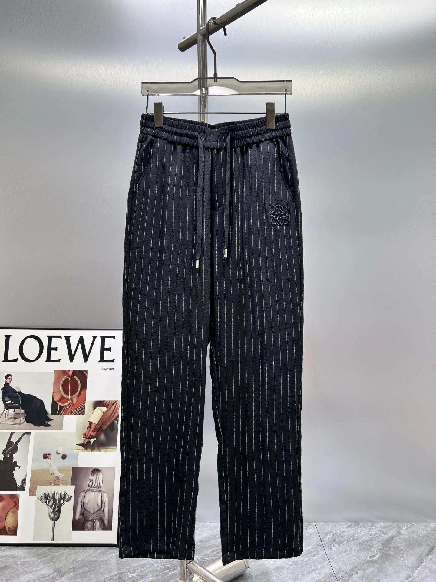 Embroidered Pinstriped Cotton-Linen Trousers D19511418