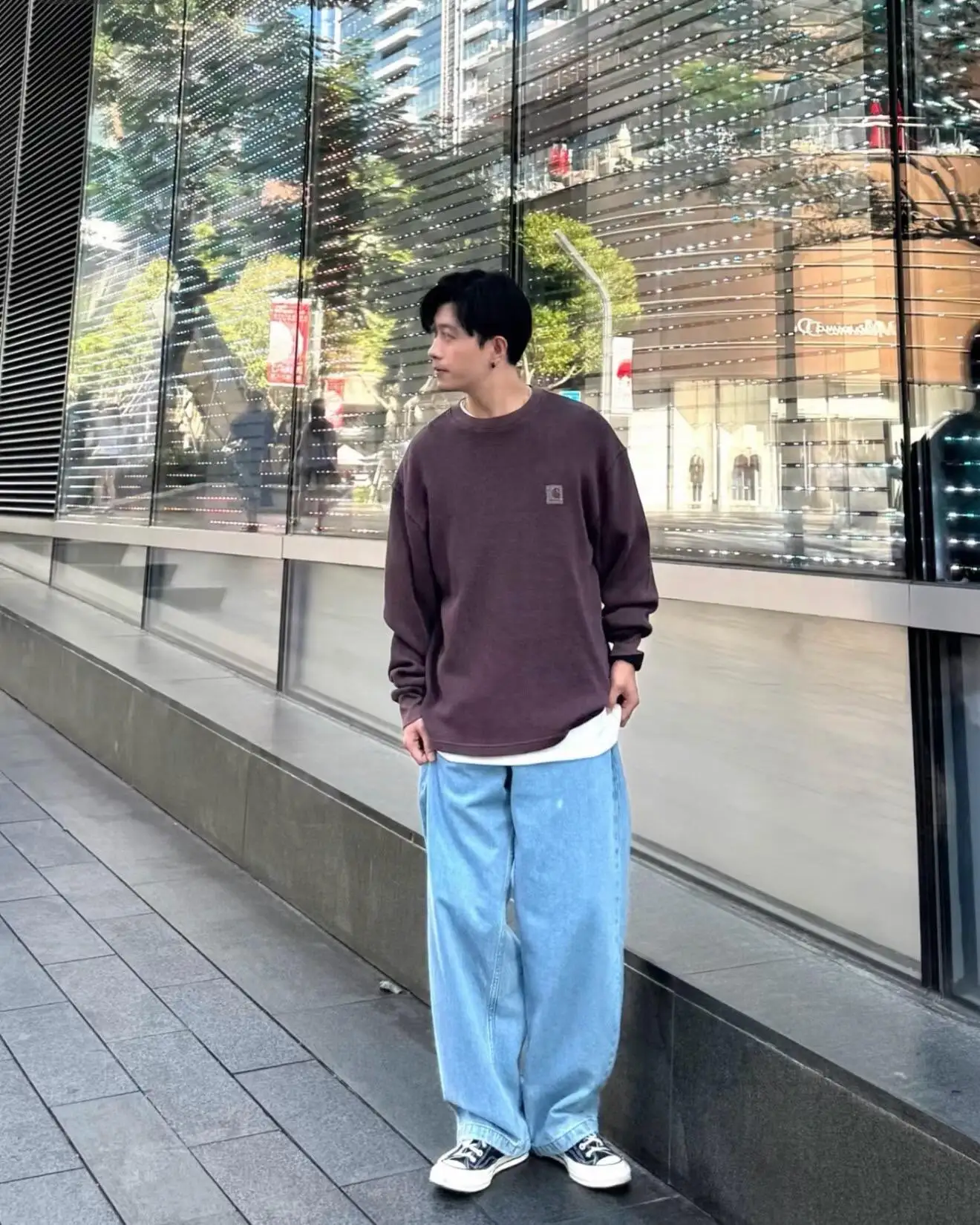 Enzyme-Washed Waffle Knit Long-Sleeve T-Shirt D13524984 — view 56