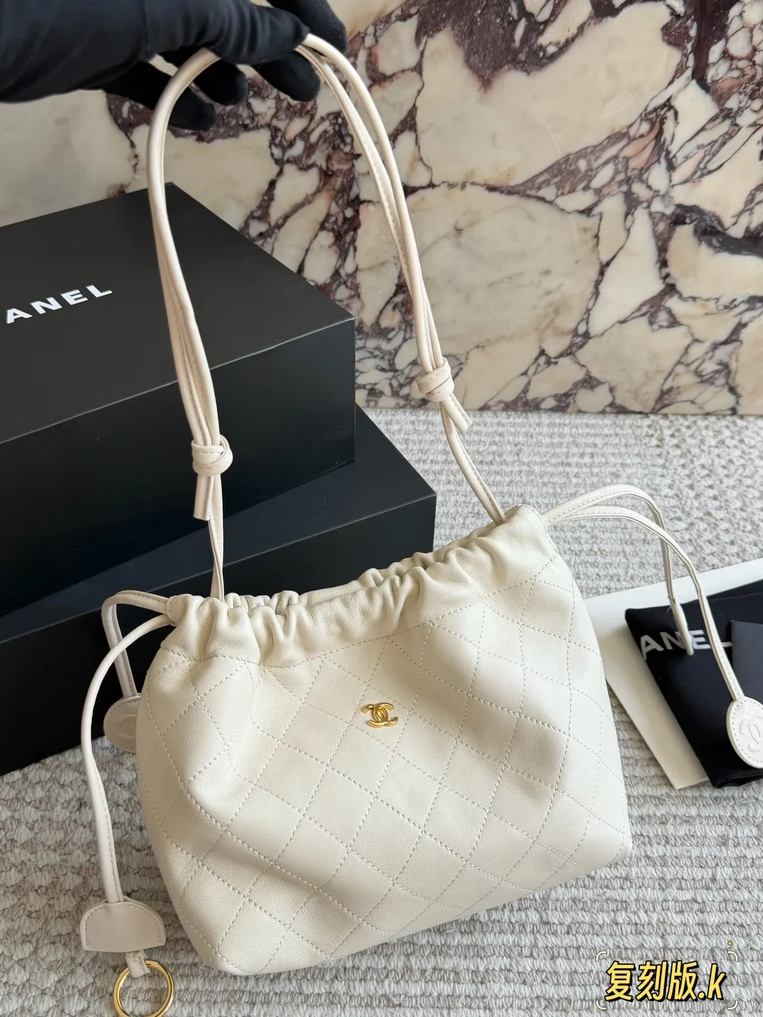 Quilted Lambskin Drawstring Bucket Bag D34018234 — view 2