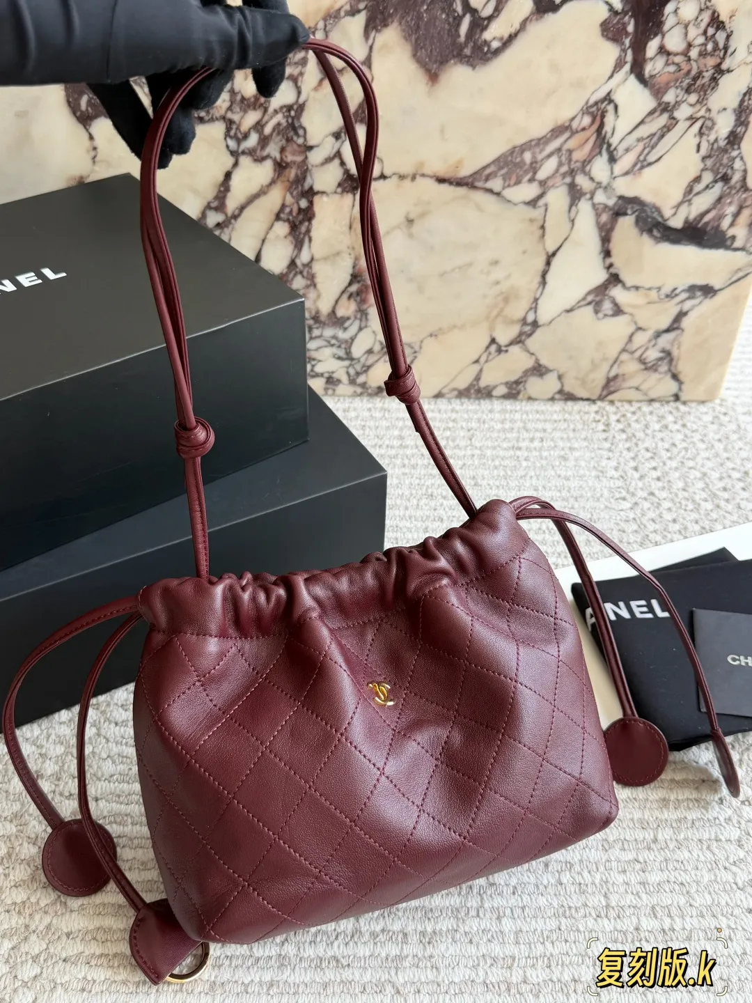 Quilted Lambskin Drawstring Bucket Bag D34018234 — view 3