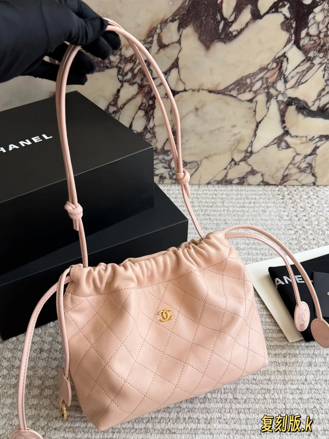 Quilted Lambskin Drawstring Bucket Bag D34018234 — view 5