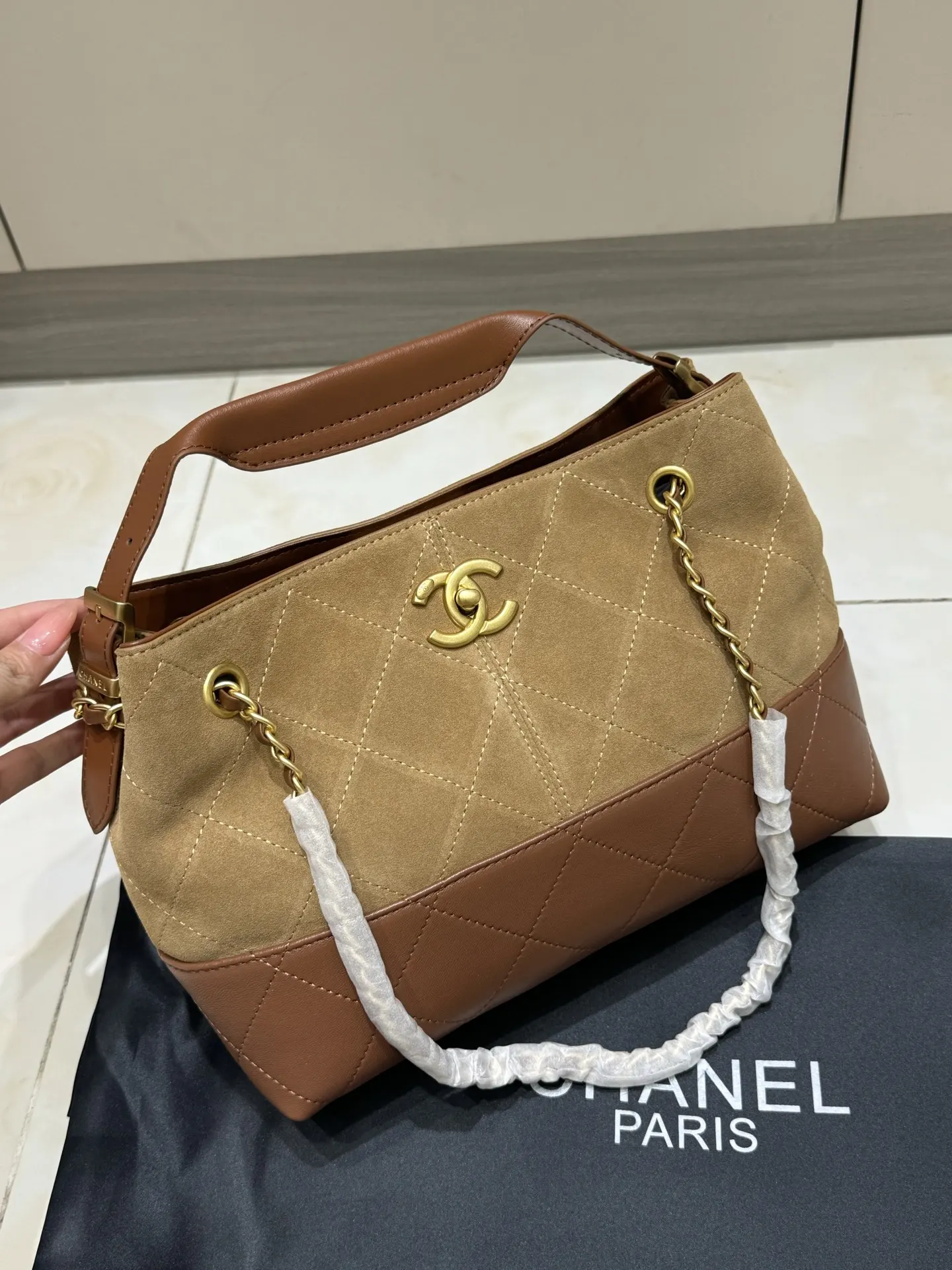 Chanel Quilted Suede & Leather Tote Bag D43018465 — view 2