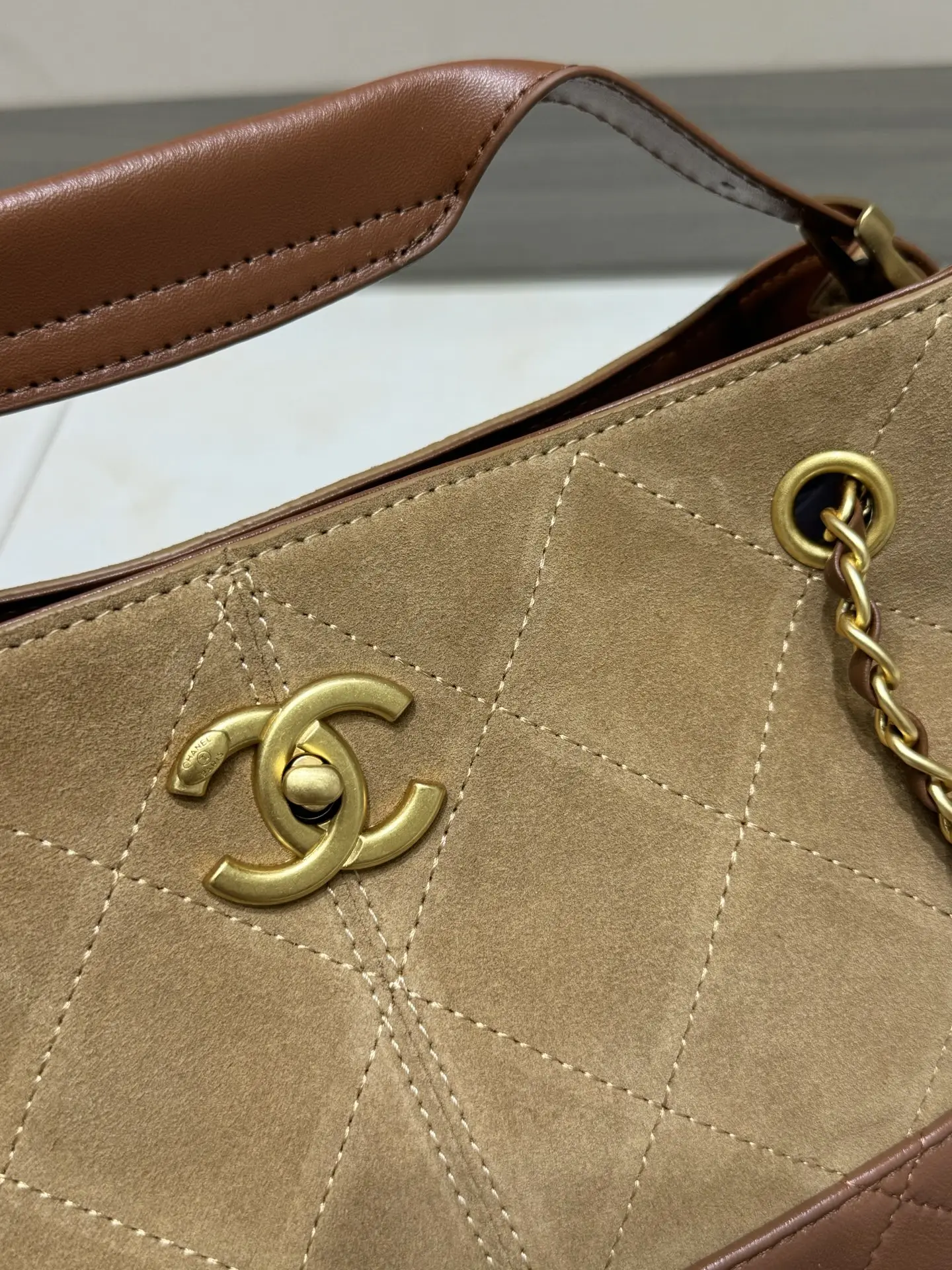 Chanel Quilted Suede & Leather Tote Bag D43018465 — view 3