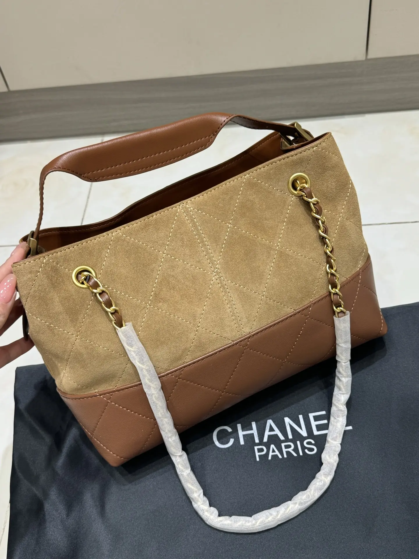 Chanel Quilted Suede & Leather Tote Bag D43018465 — view 6