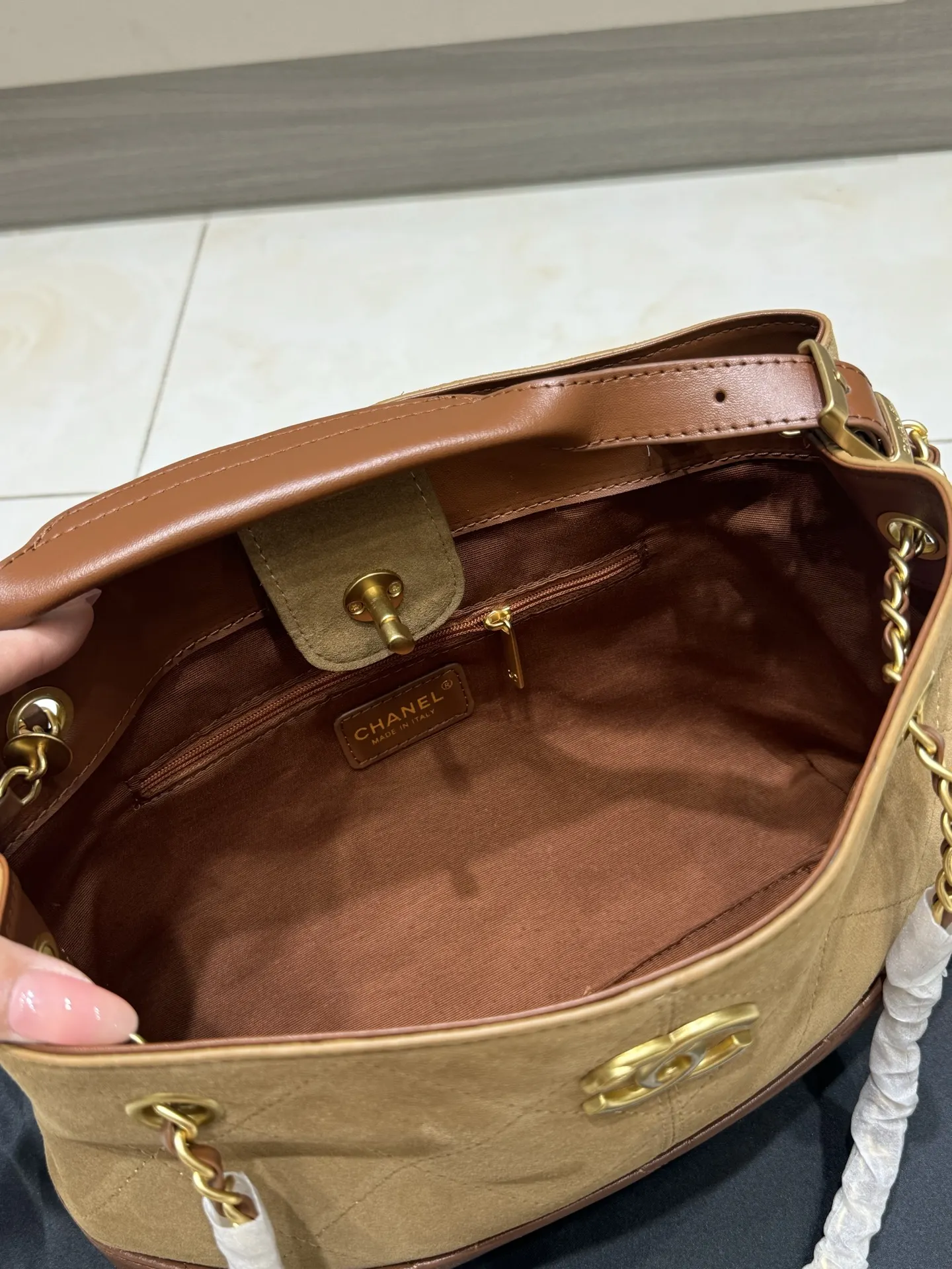 Chanel Quilted Suede & Leather Tote Bag D43018465 — view 8