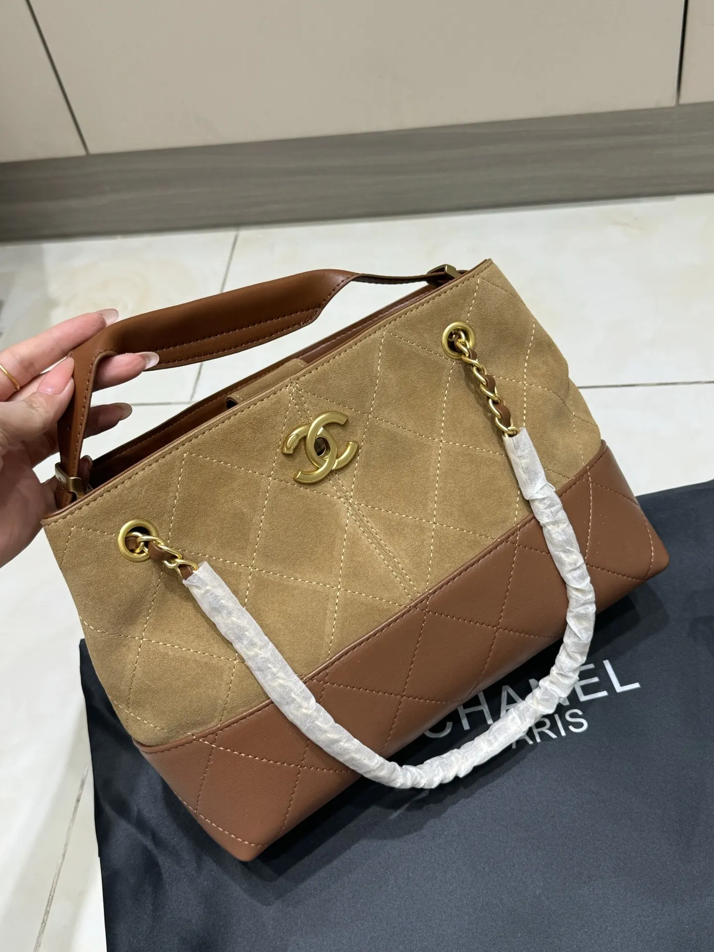 Chanel Quilted Suede & Leather Tote Bag D43018465 — view 10