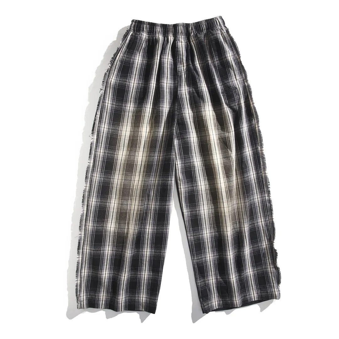 Distressed Plaid Wide-Leg Trousers D25920095