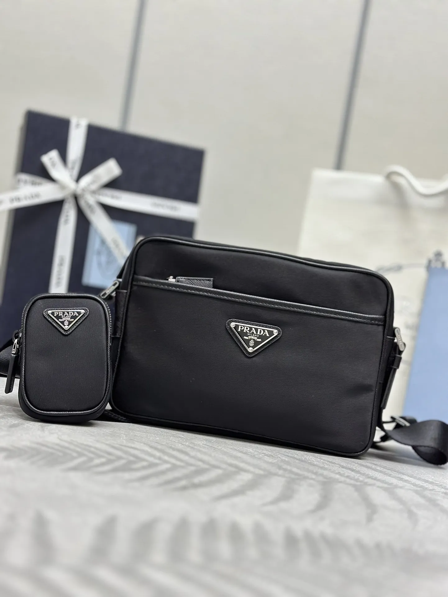 Nylon and Saffiano Leather Crossbody Bag with Pouch D67011168