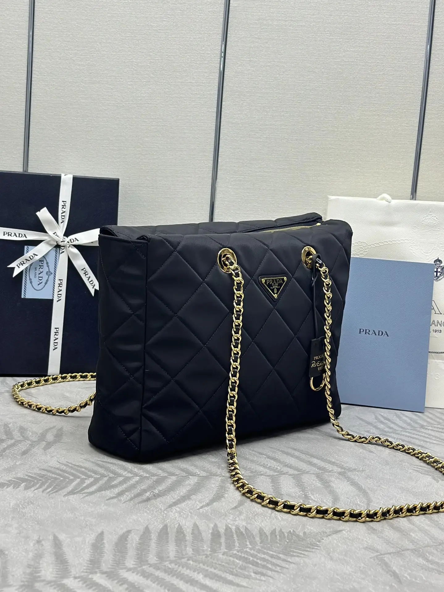 Prada Quilted Nylon Shoulder Bag with Chain D77011193 — view 3