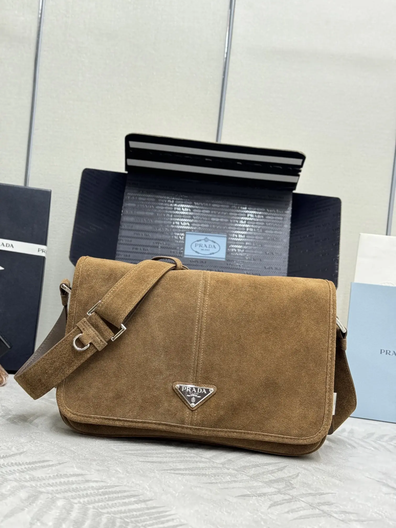 Suede Messenger Bag with Triangle Logo D99011221