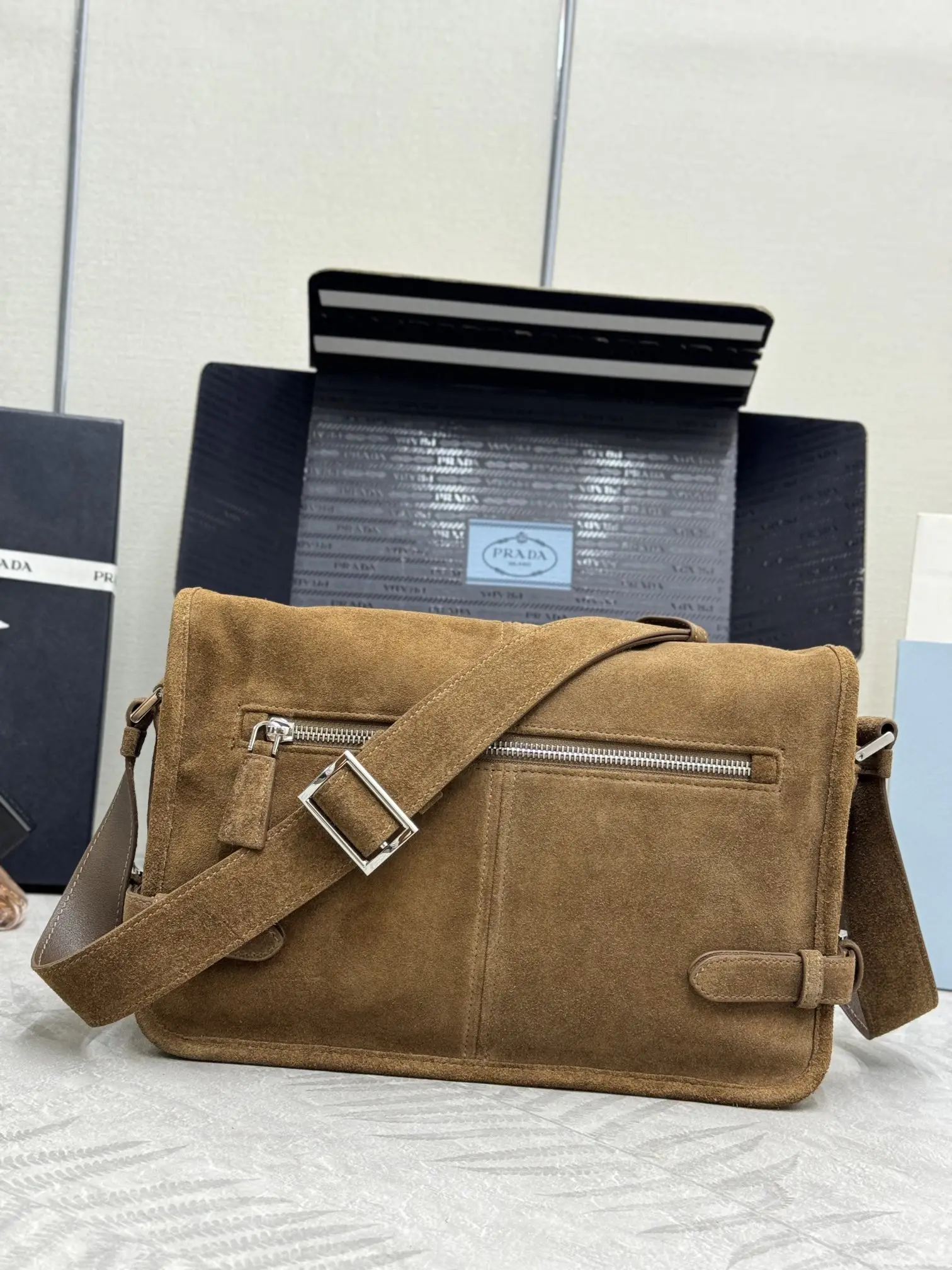 Suede Messenger Bag with Triangle Logo D99011221 — view 2
