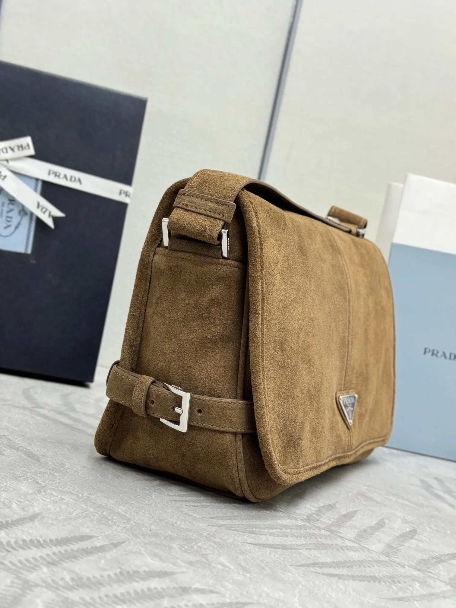 Suede Messenger Bag with Triangle Logo D99011221 — view 3