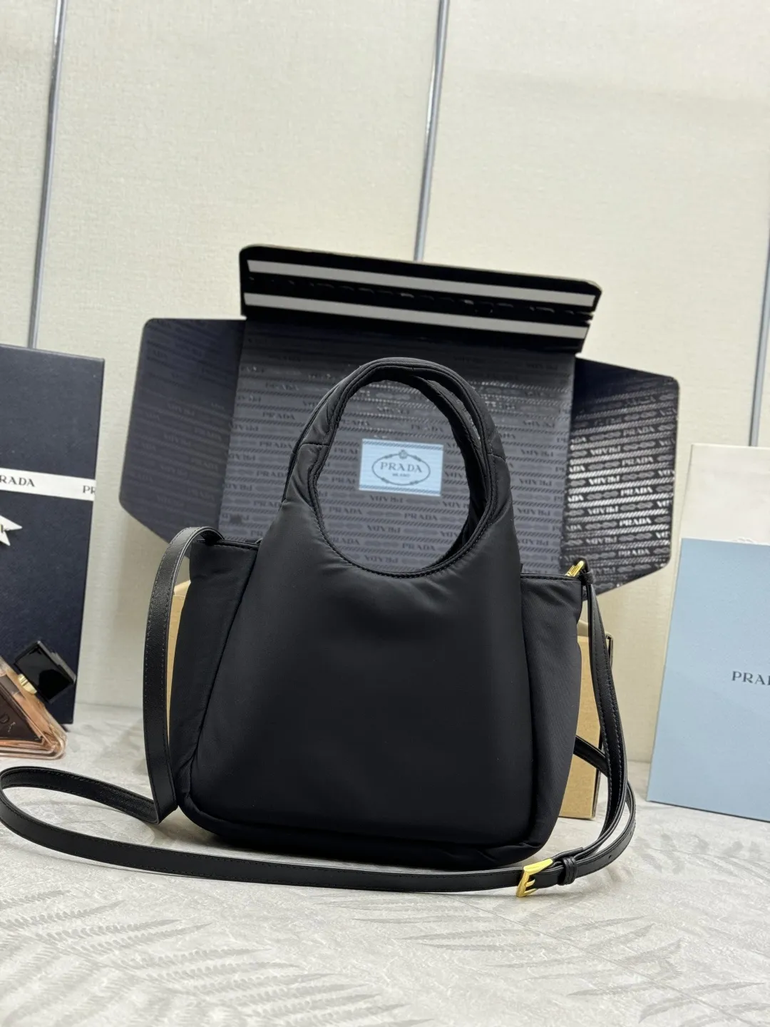 Prada Bow-Detail Padded Nylon Shoulder Bag D76011233 — view 2