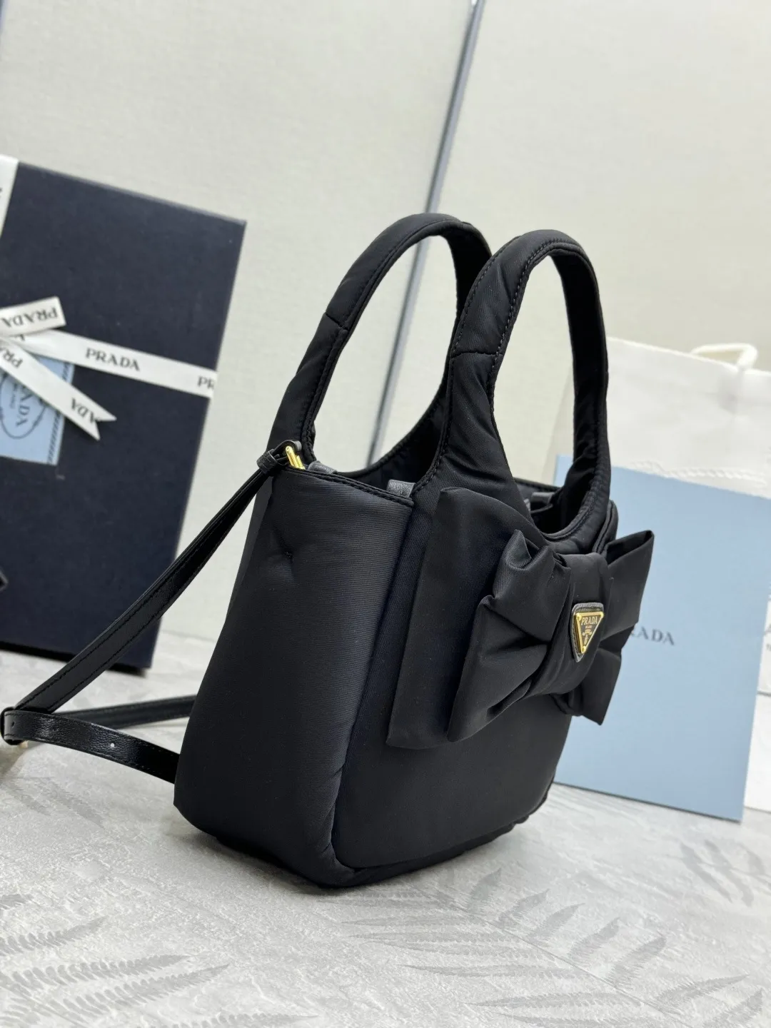 Prada Bow-Detail Padded Nylon Shoulder Bag D76011233 — view 4