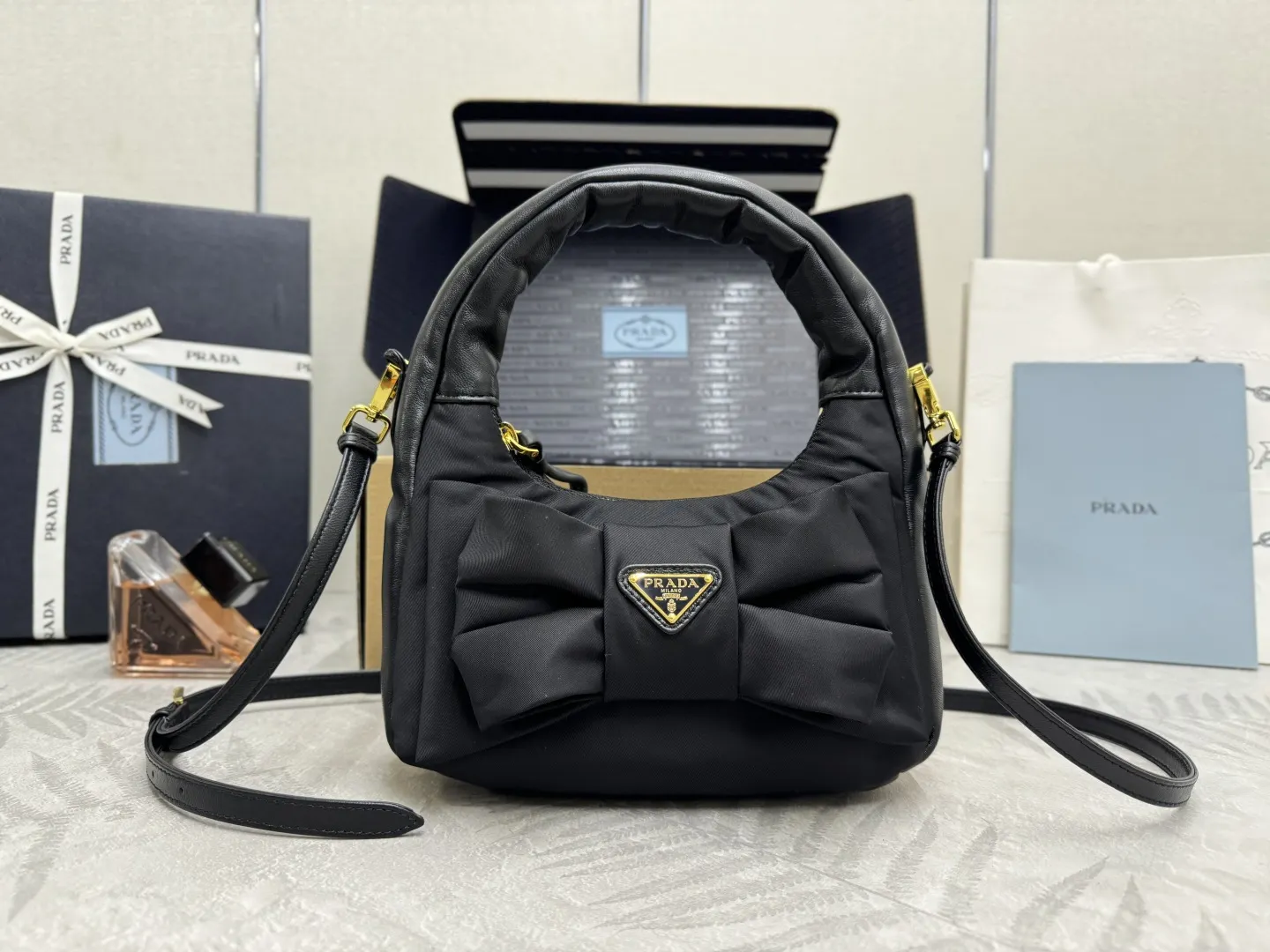 Bow-Detail Padded Nylon Hobo Bag D73011015