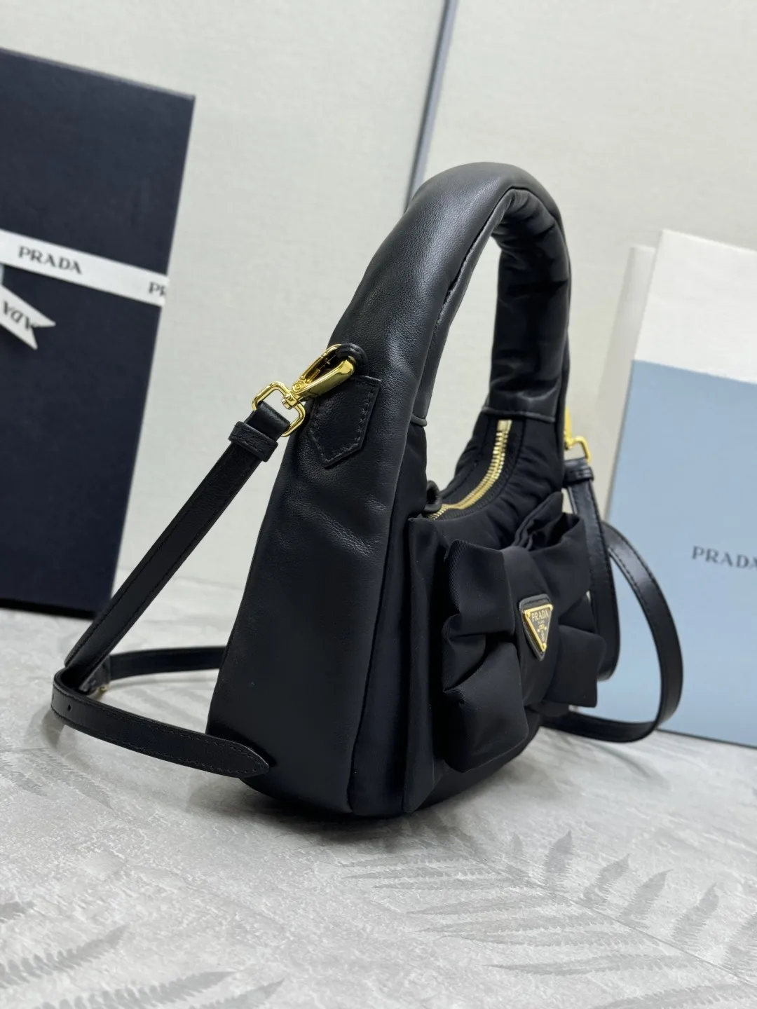 Bow-Detail Padded Nylon Hobo Bag D73011015 — view 4