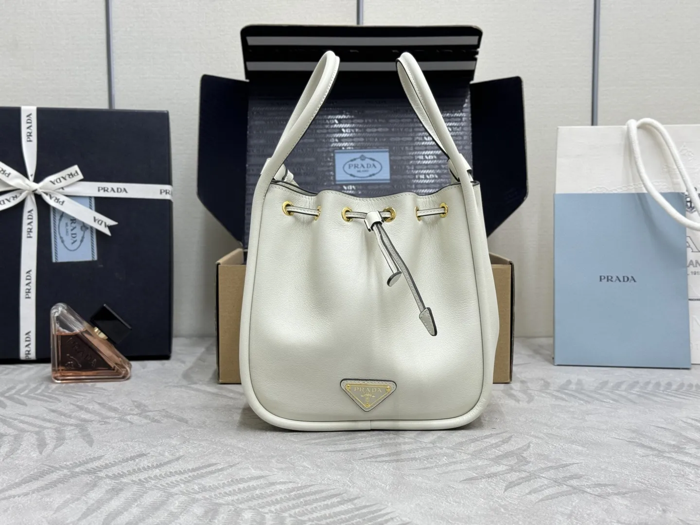 Prada 1BE087 Leather Bucket Bag D89011235
