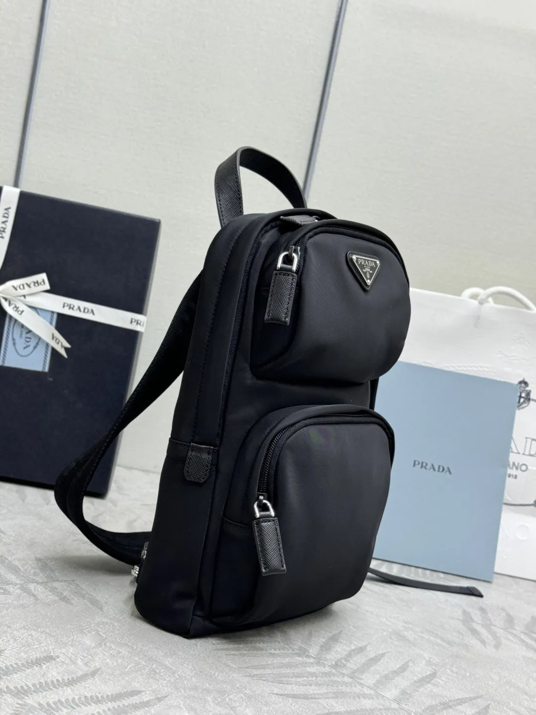 Re-Nylon and Saffiano Leather Sling Backpack D69011239 — view 4