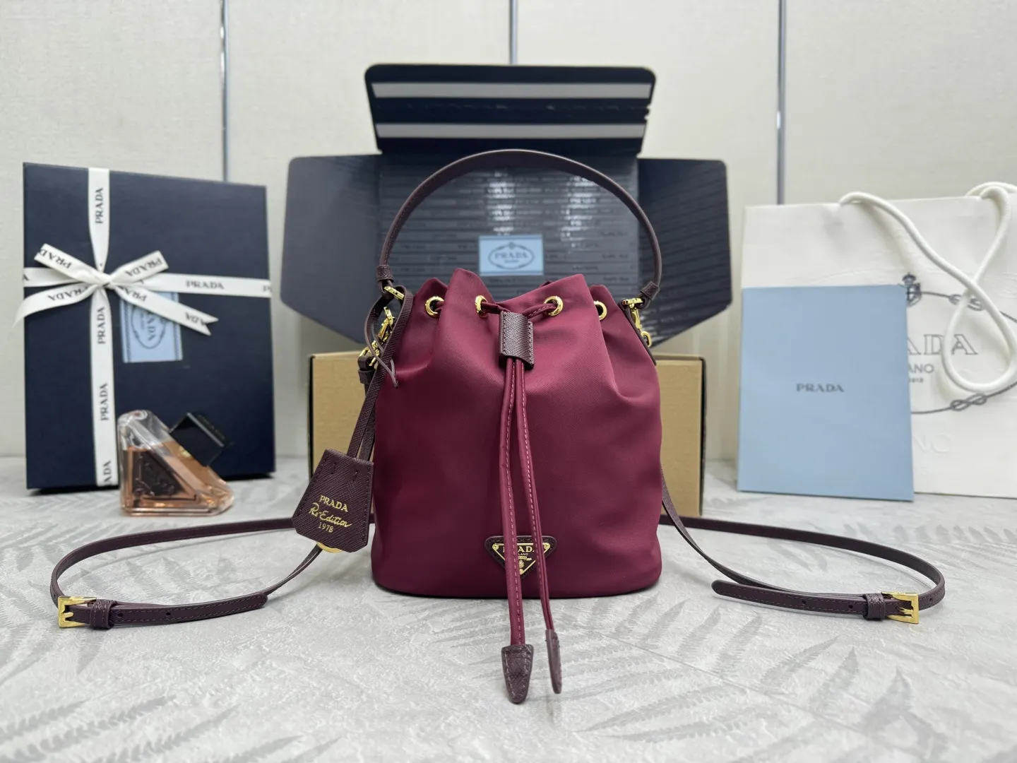 Nylon Bucket Bag with Leather Trim D61011259