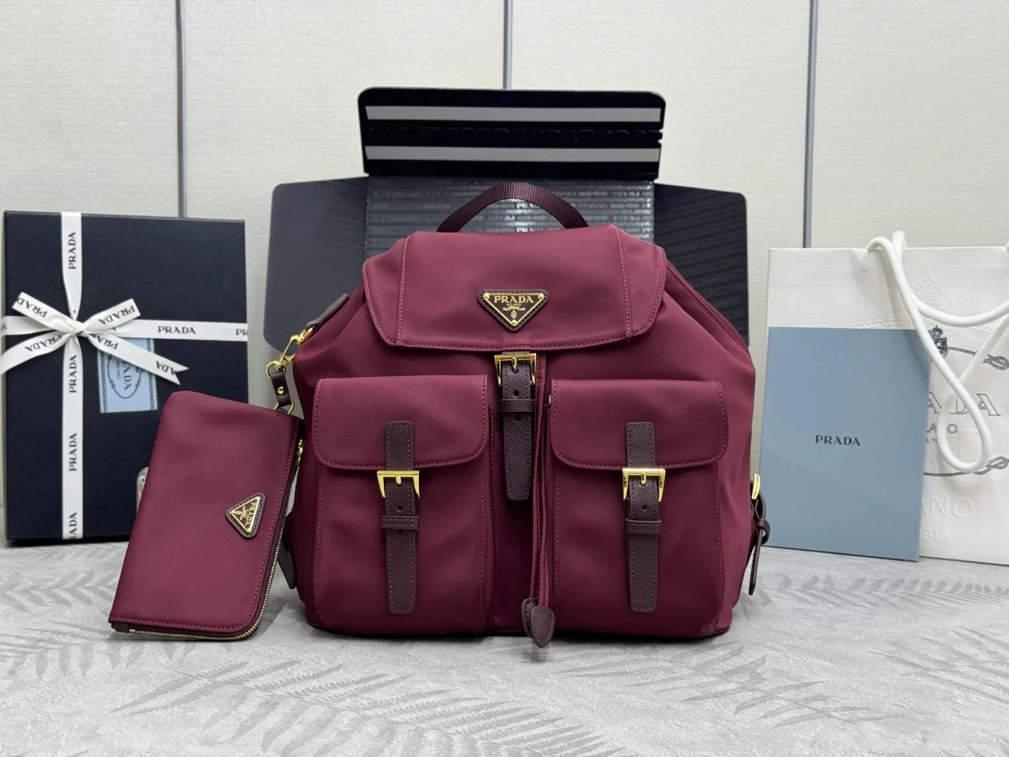 Nylon Backpack with Saffiano Leather Trim D77011261