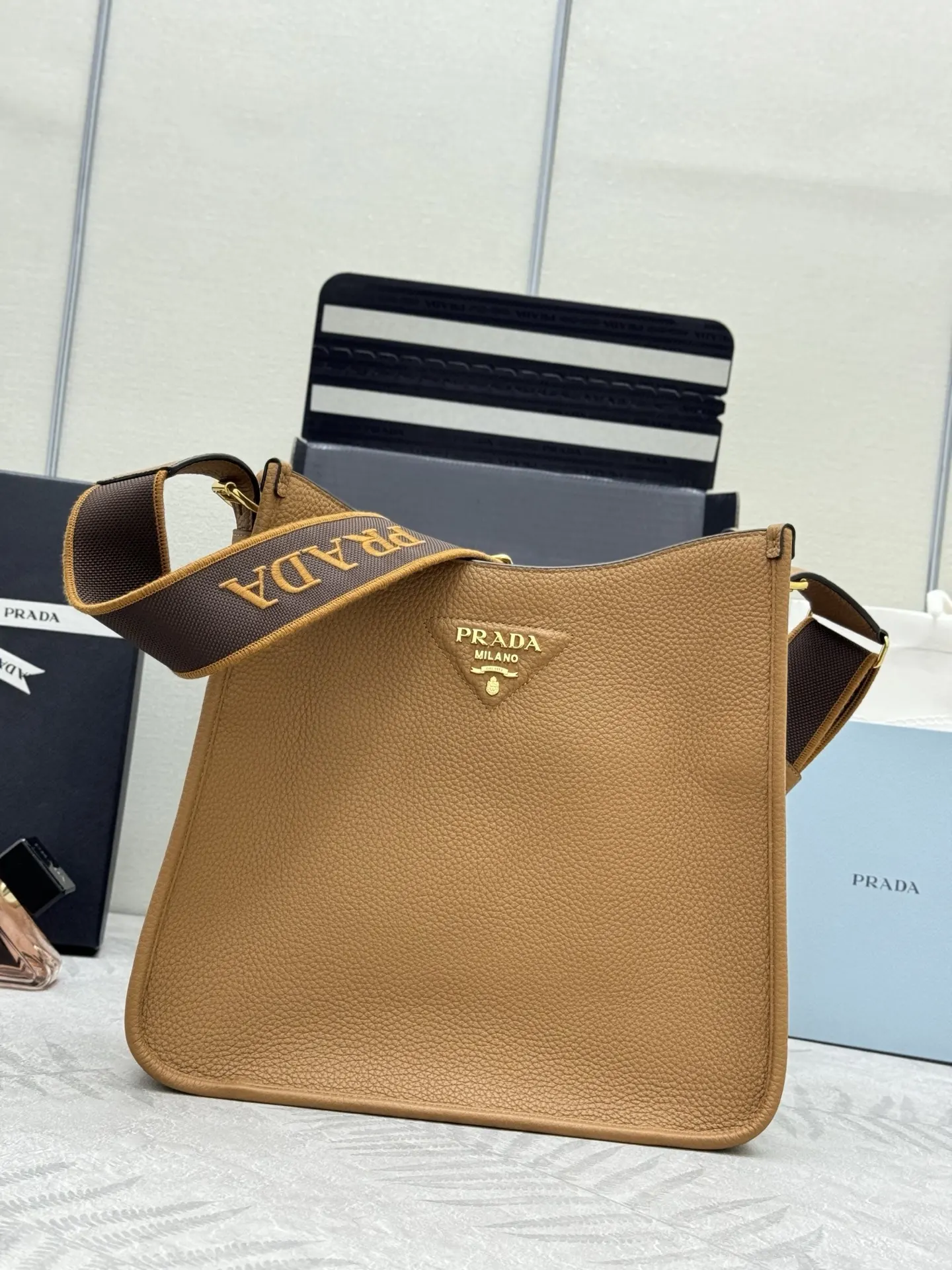 Prada Grained Leather Crossbody Bag with Logo Strap D106011315