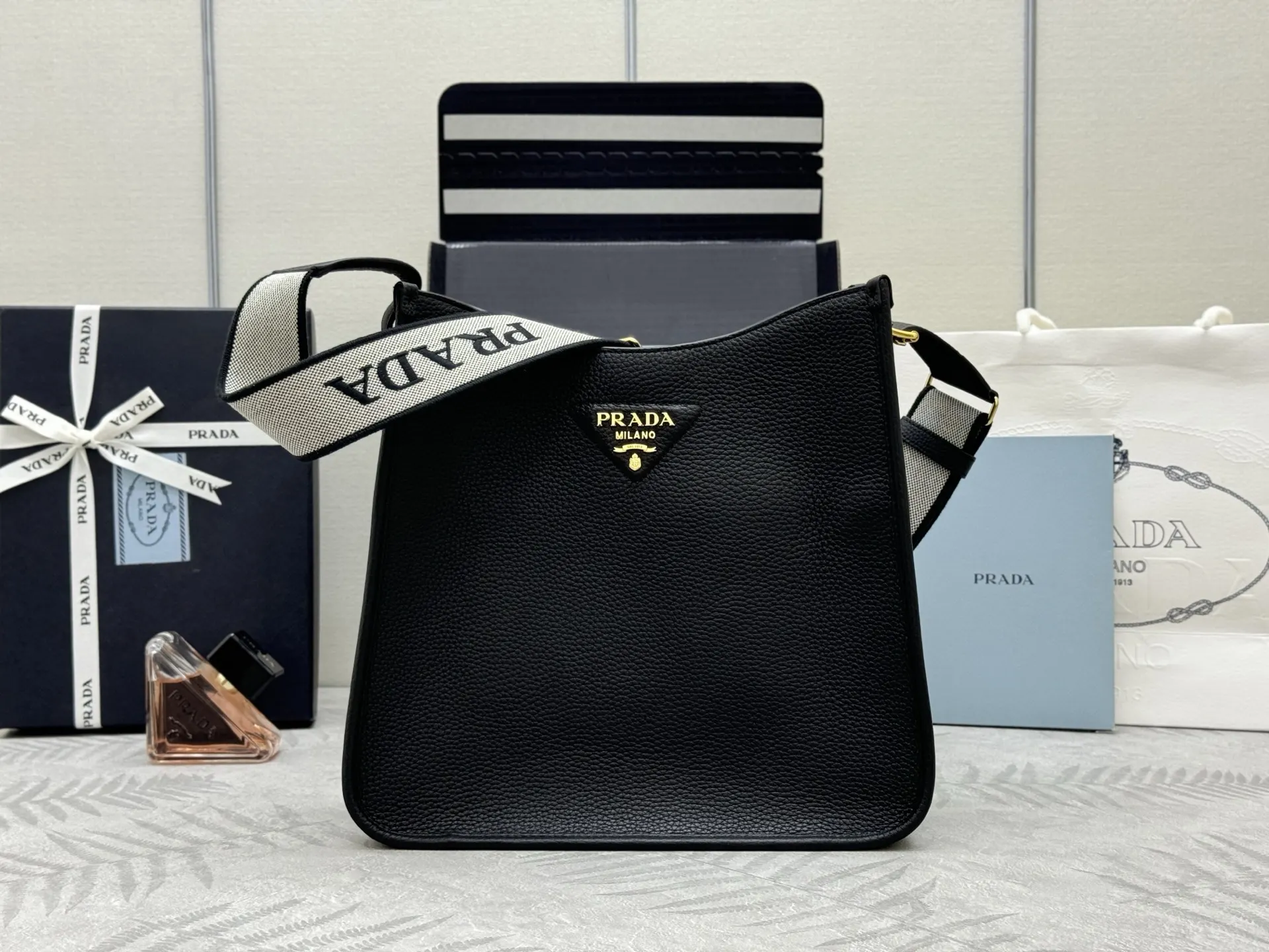 Prada Grained Leather Crossbody Bag with Logo Strap D106011316