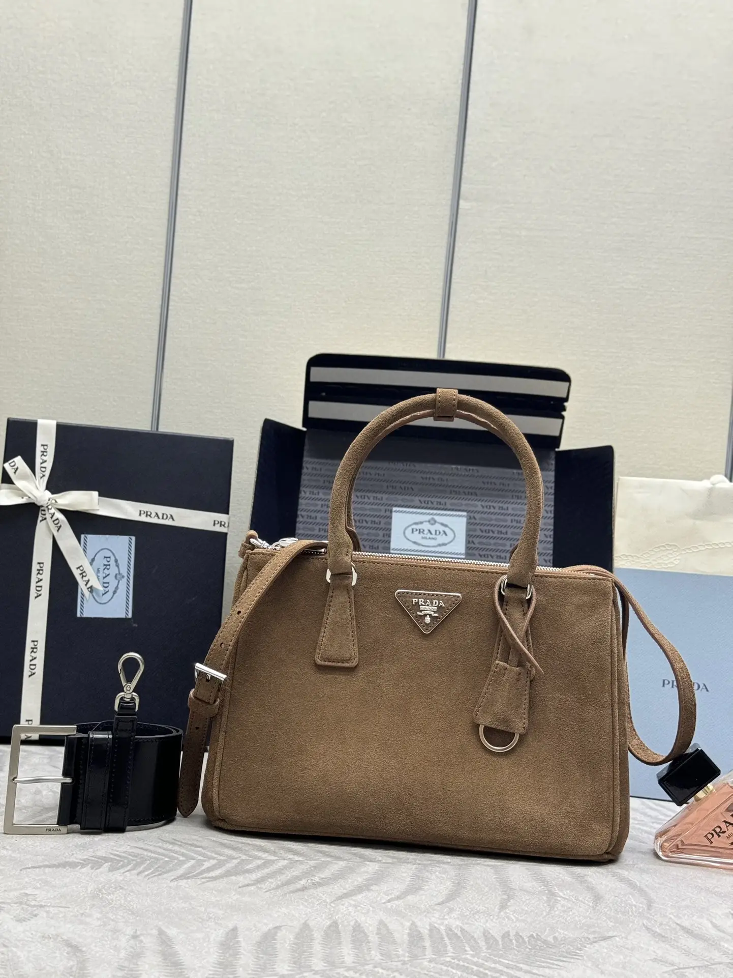 Prada Suede Saffiano Leather Double Handle Tote Bag D101011046