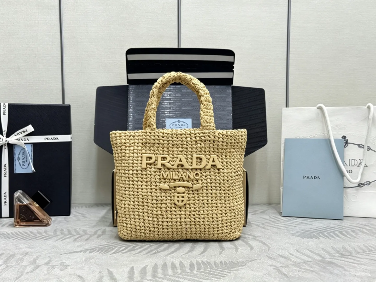 Prada Raffia Effect Small Tote Bag D77011361
