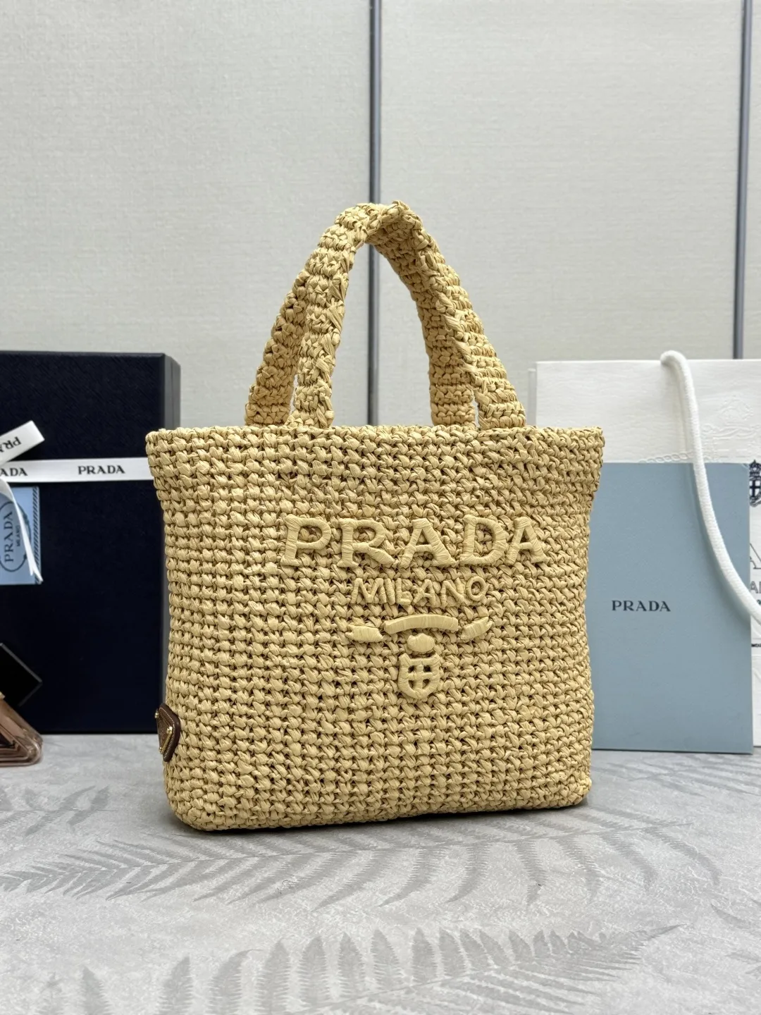 Prada Raffia Effect Small Tote Bag D77011361 — view 3