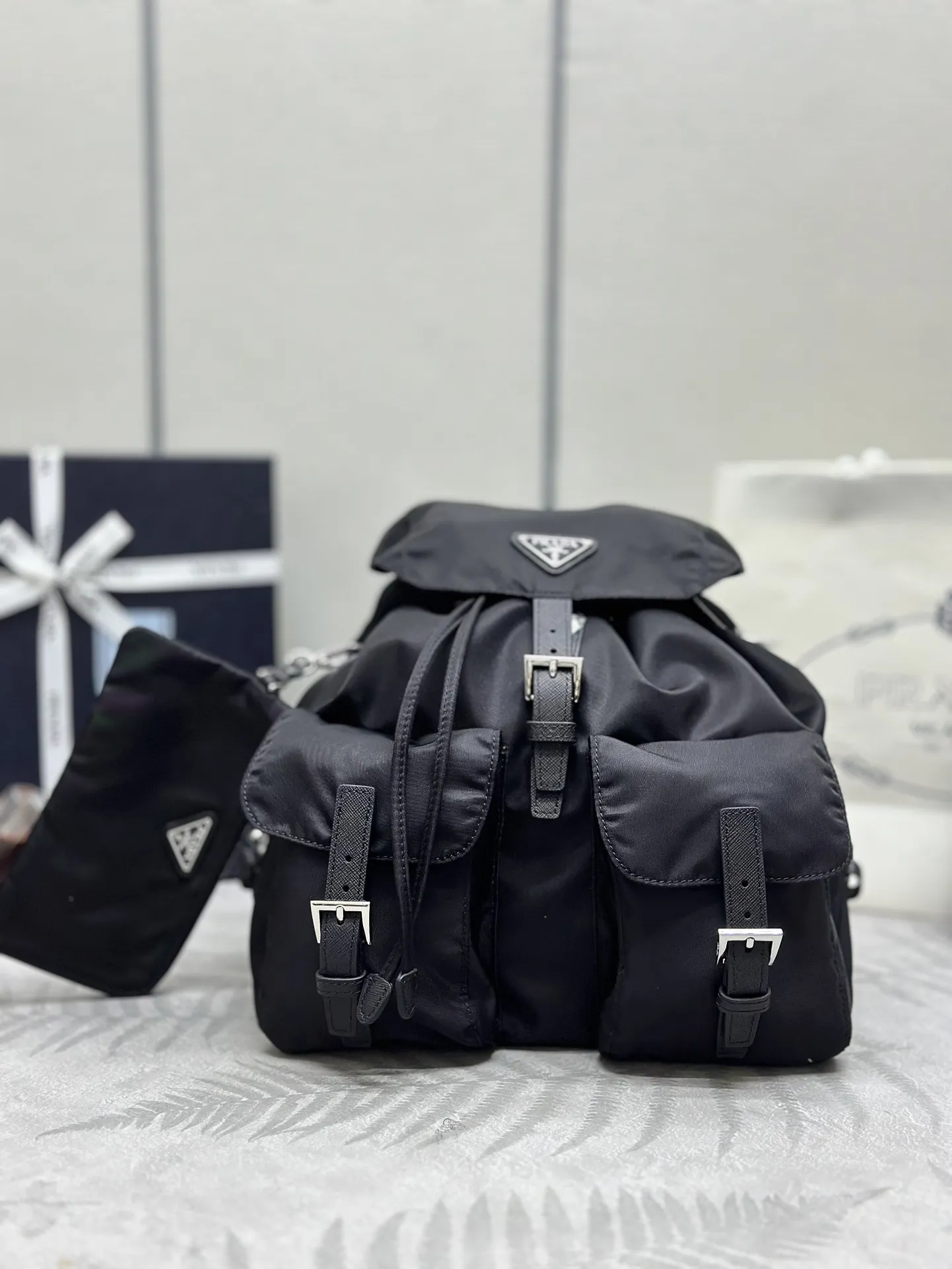 Nylon Saffiano Leather-Trim Backpack with Pouch D77011049