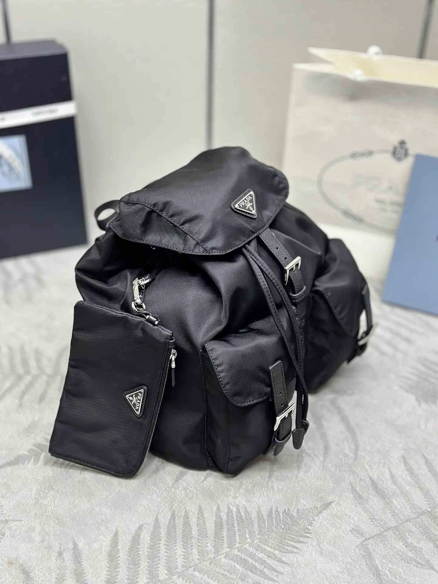 Nylon Saffiano Leather-Trim Backpack with Pouch D77011049 — view 3