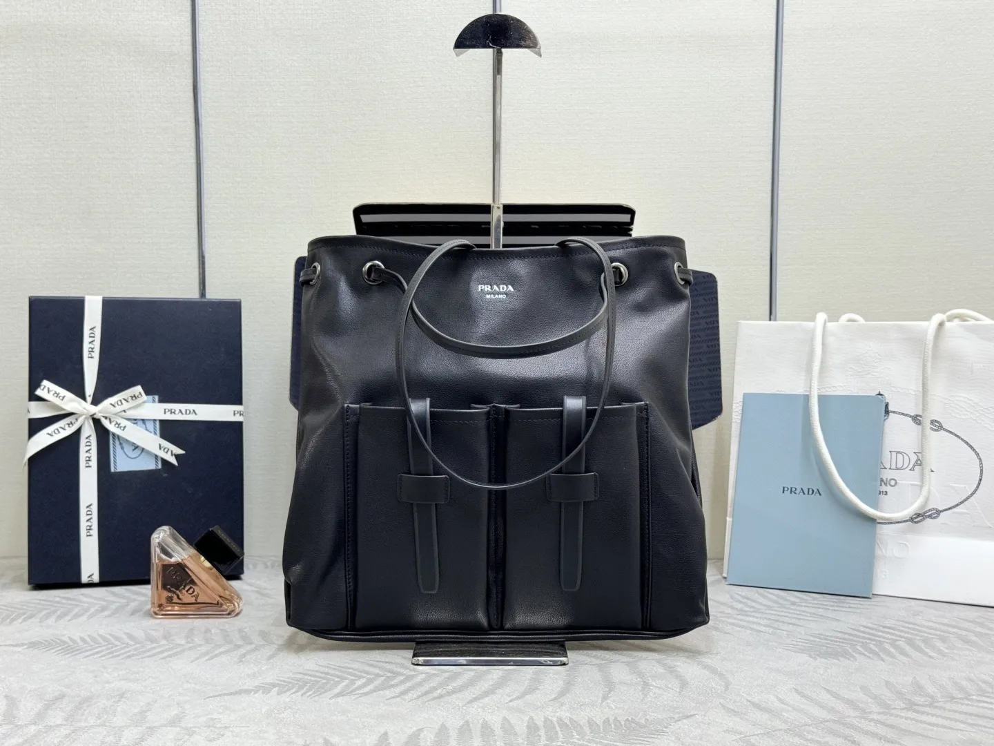 Leather Tote Bag with Drawstring Closure D104011399