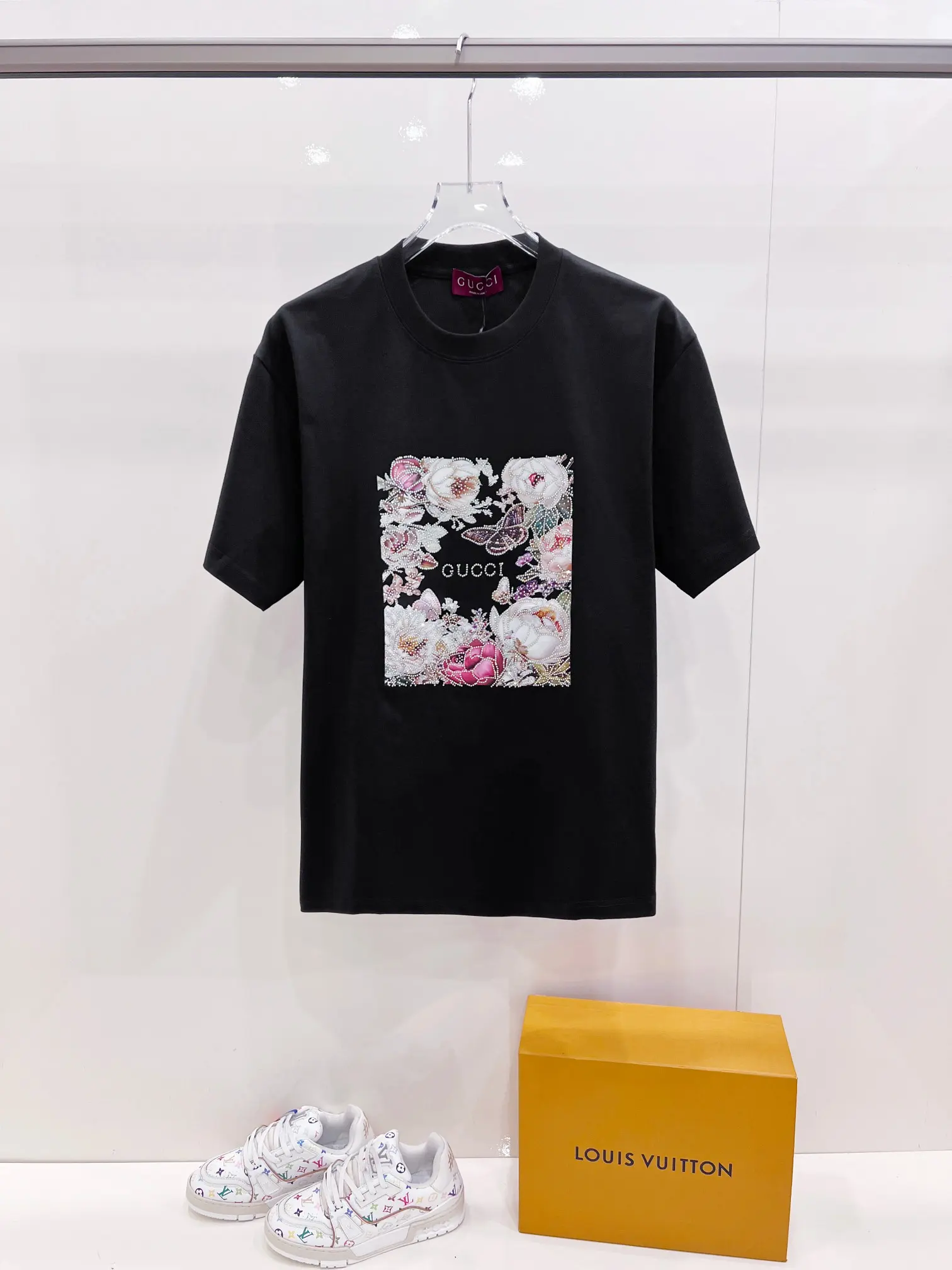 Floral Print Rhinestone-Embellished T-Shirt D14521444